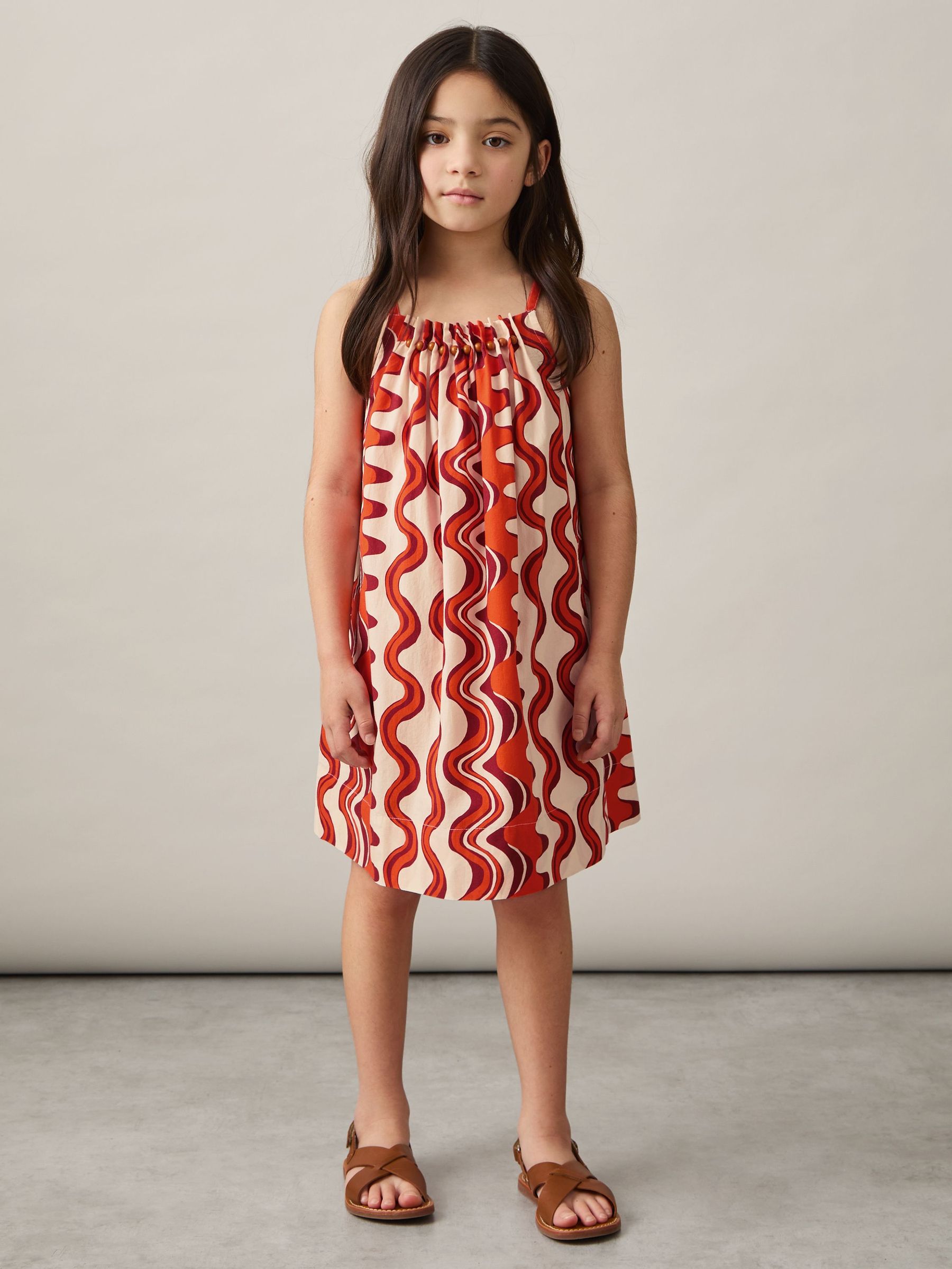 Cotton Bead-Detail Printed Dress in Red (F02839) | £50