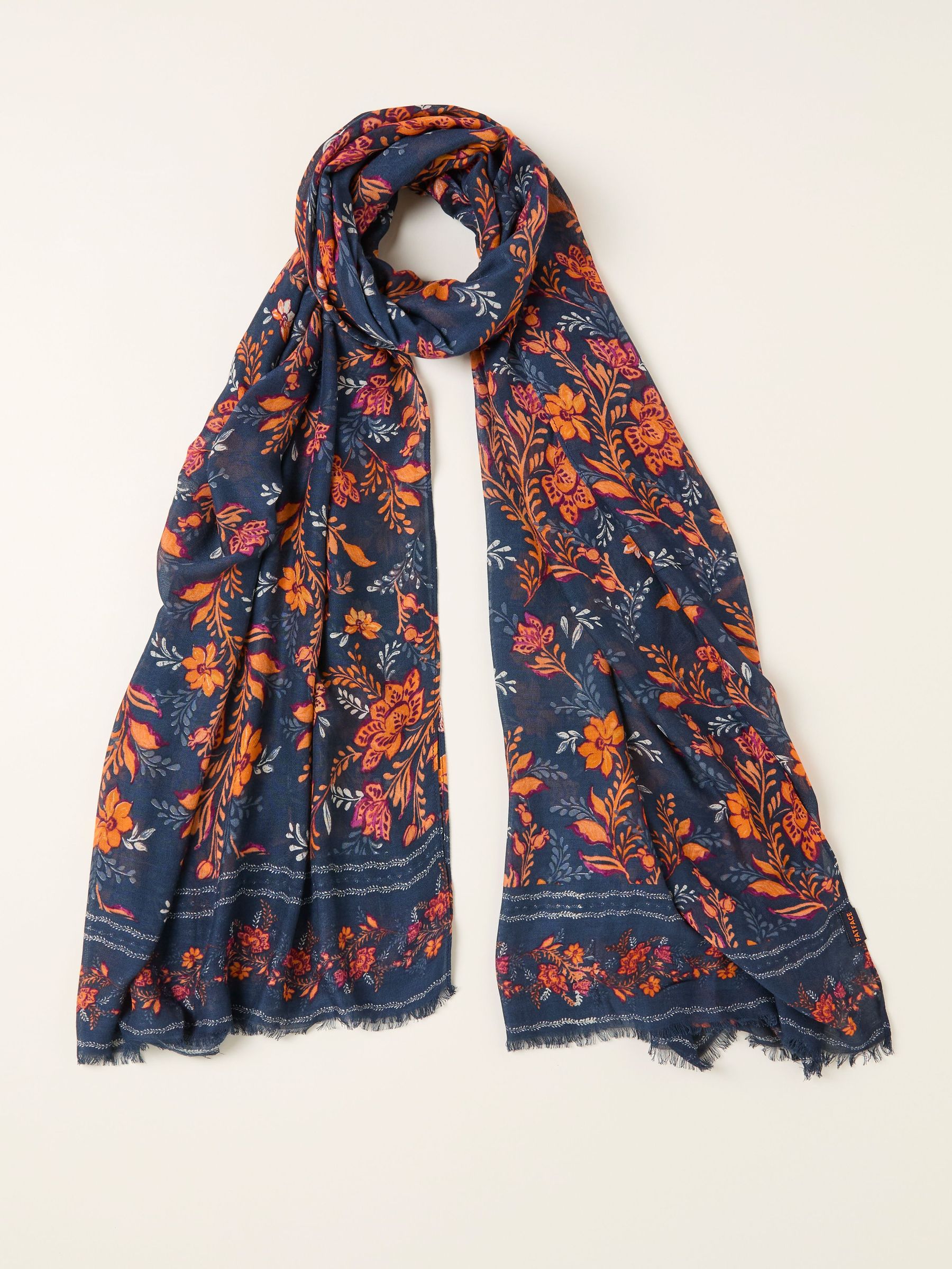 Navy Folk Floral Printed Lightweight Scarf (F03080) | £25