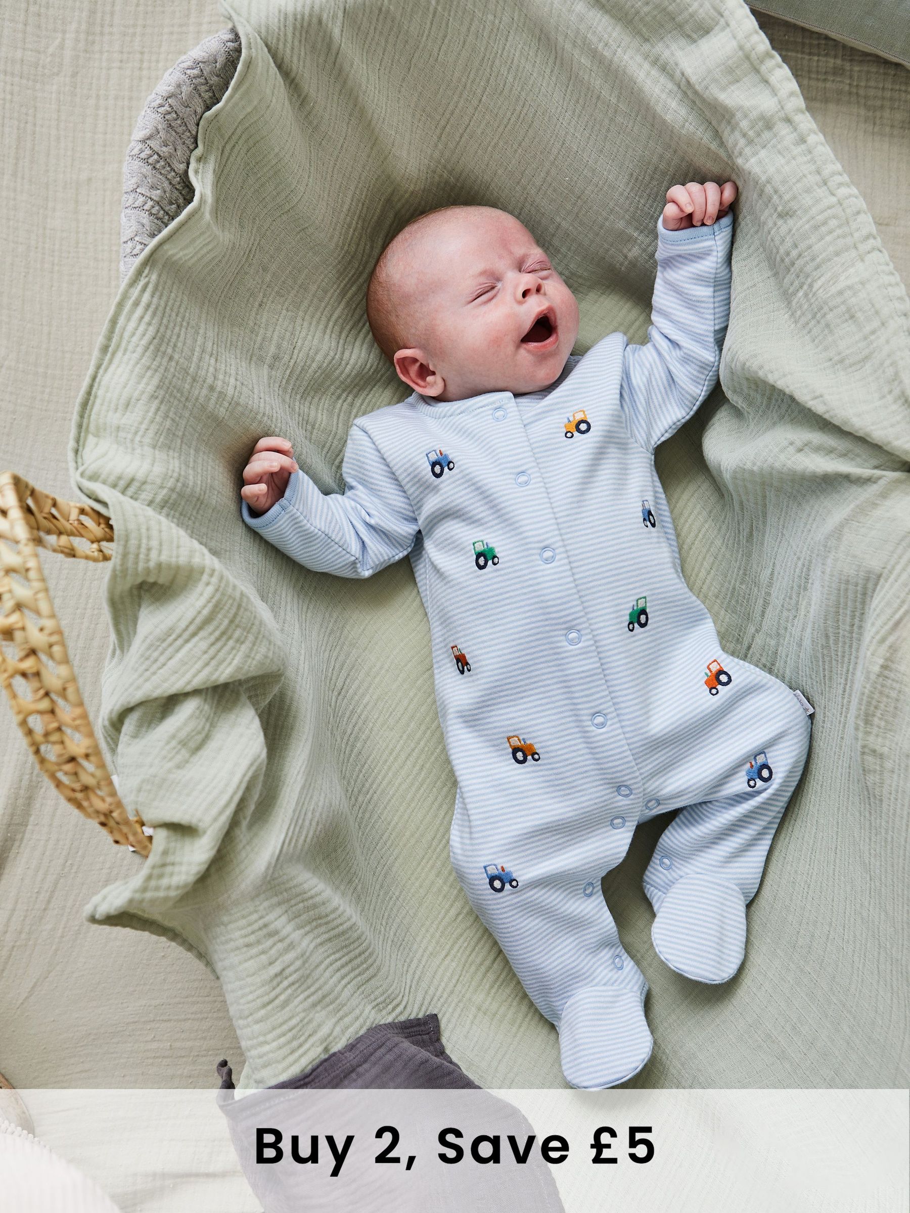 Blue 100% Organic Cotton Tractor Embroidered Sleepsuit (F04156) | £21