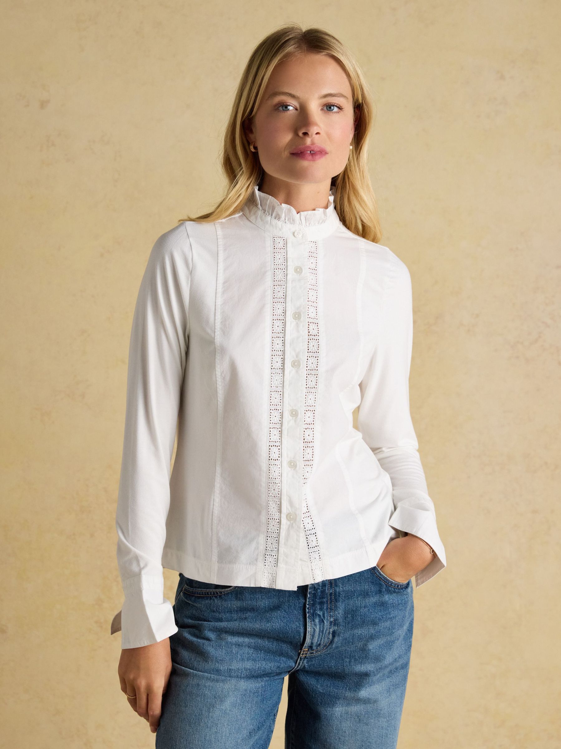 Felicity White Lace Insert Long Sleeve Jersey Shirt (F06154) | £0