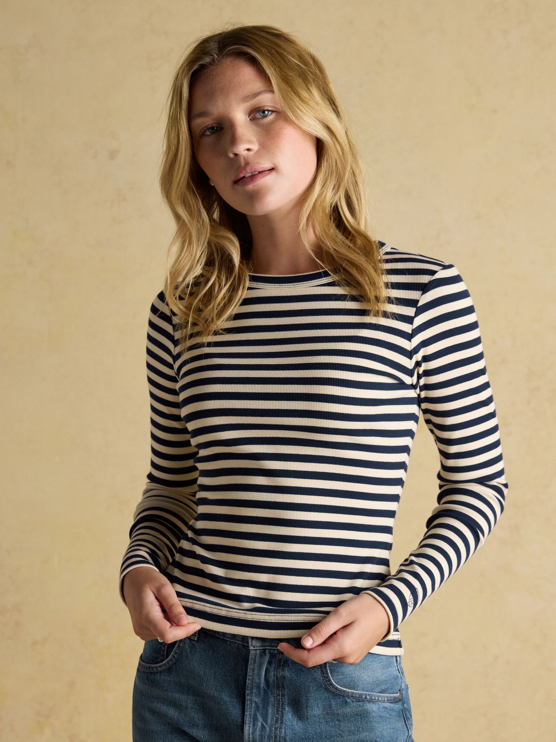 Sophie Navy/Sand Long Sleeve Striped Ribbed Fitted Top
