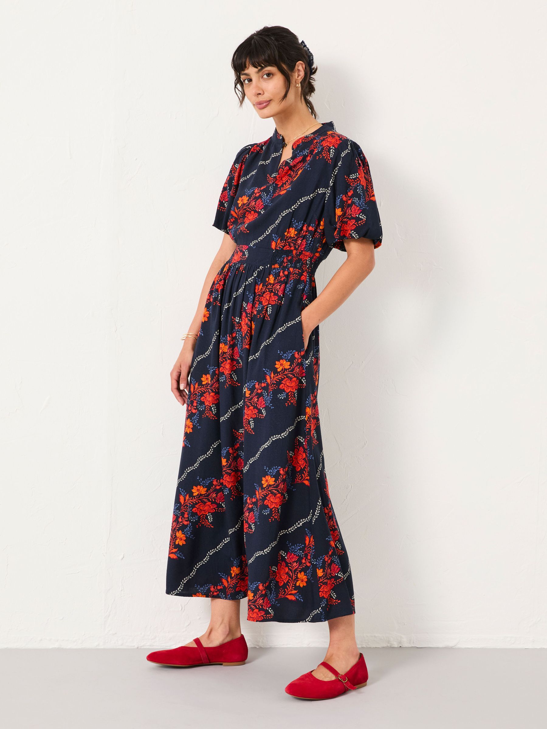 Becky Navy Folk Floral Regular Midi Dress (F07513) | £75