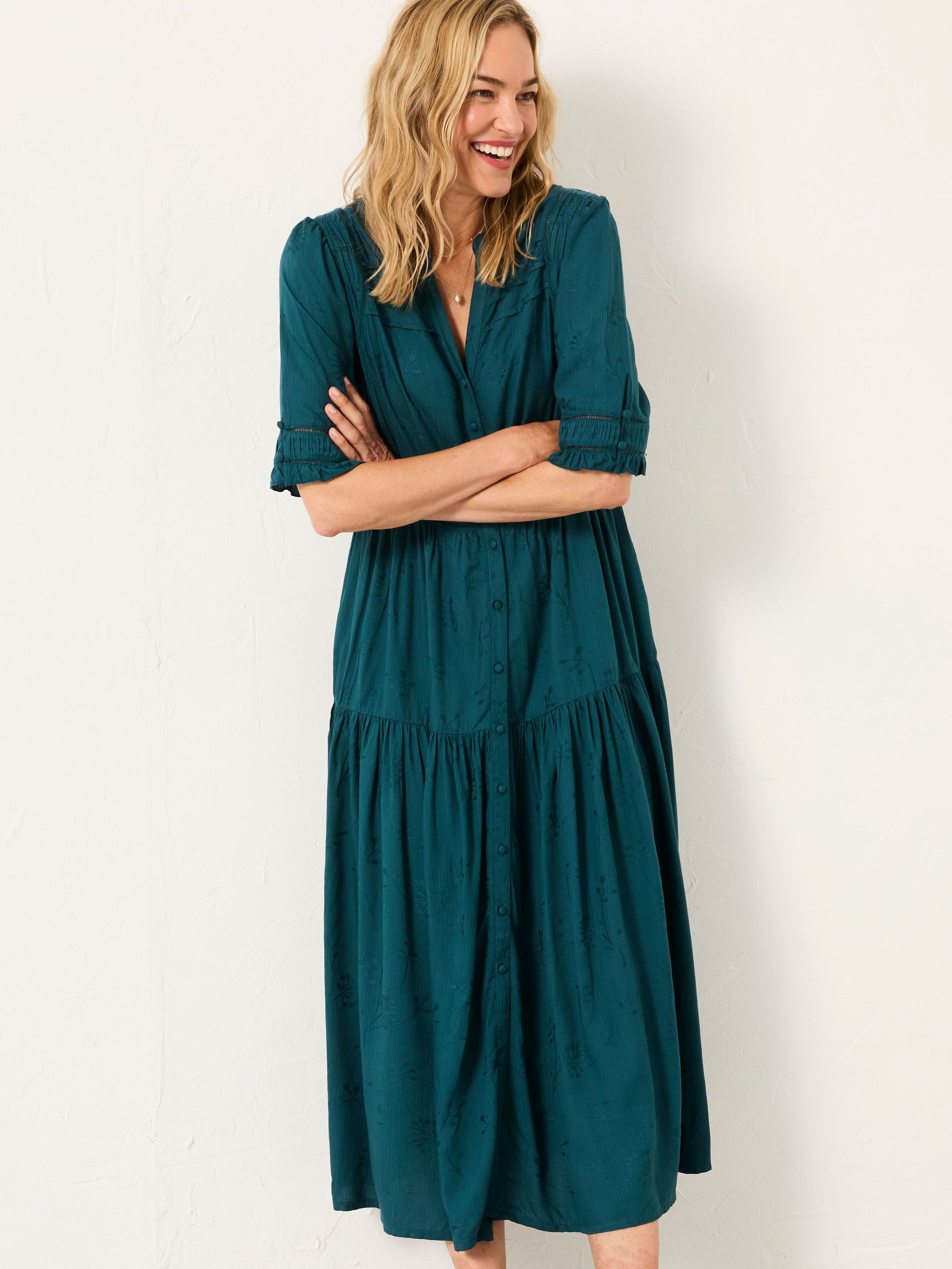 Elsie Dark Teal Regular Embroidered Midi Dress (F07526) | £75