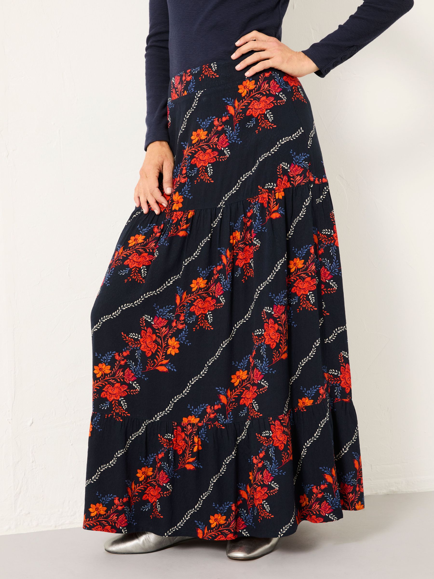 Anika Navy Folk Floral Midi Skirt (F07552) | £55
