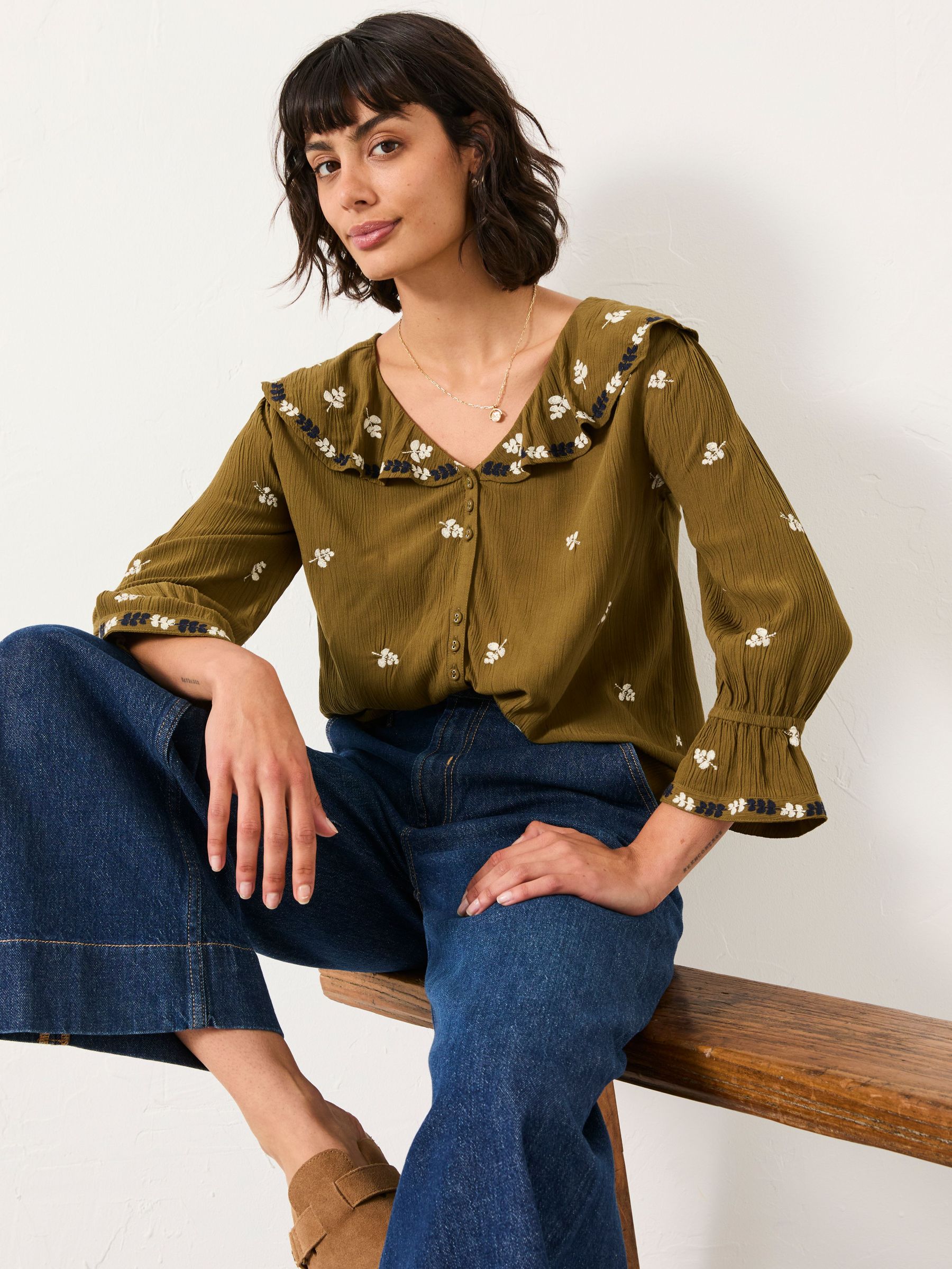 Etta Olive Green Embroidered Blouse (F07592) | £55