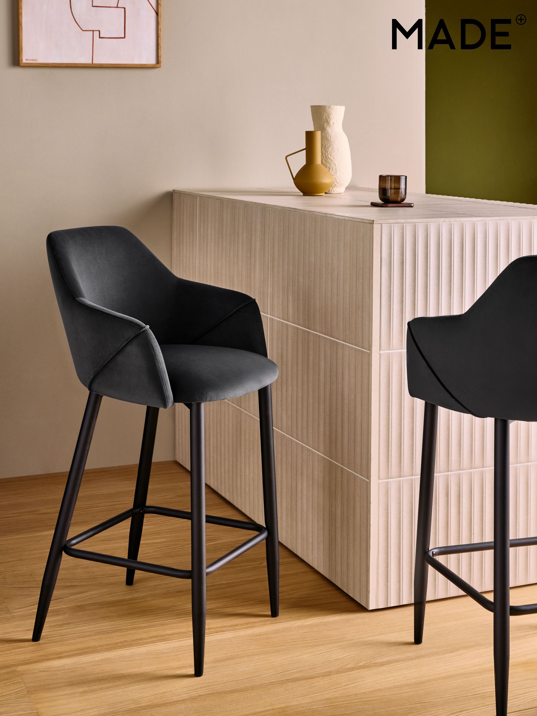 Lule Bar Stool in Velvet in Charcoal Grey and Black Legs (F07891) | £169