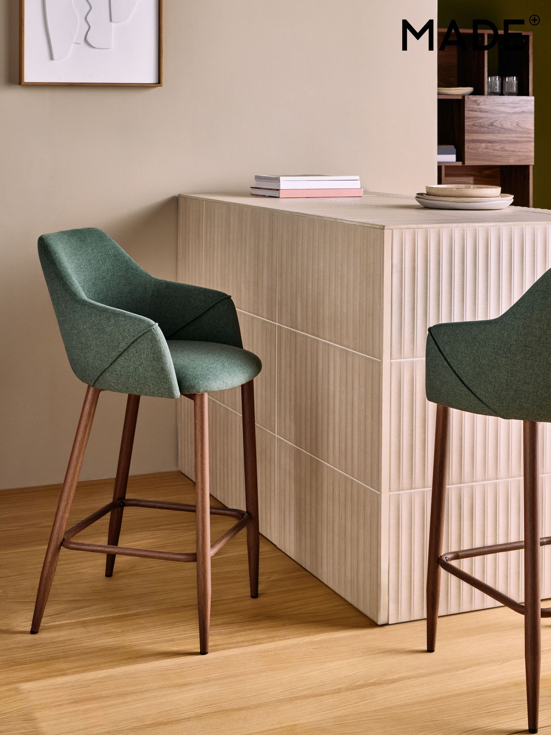 Lule Bar Stool in Velvet in Bay Green and Walnut Legs (F07896) | £169