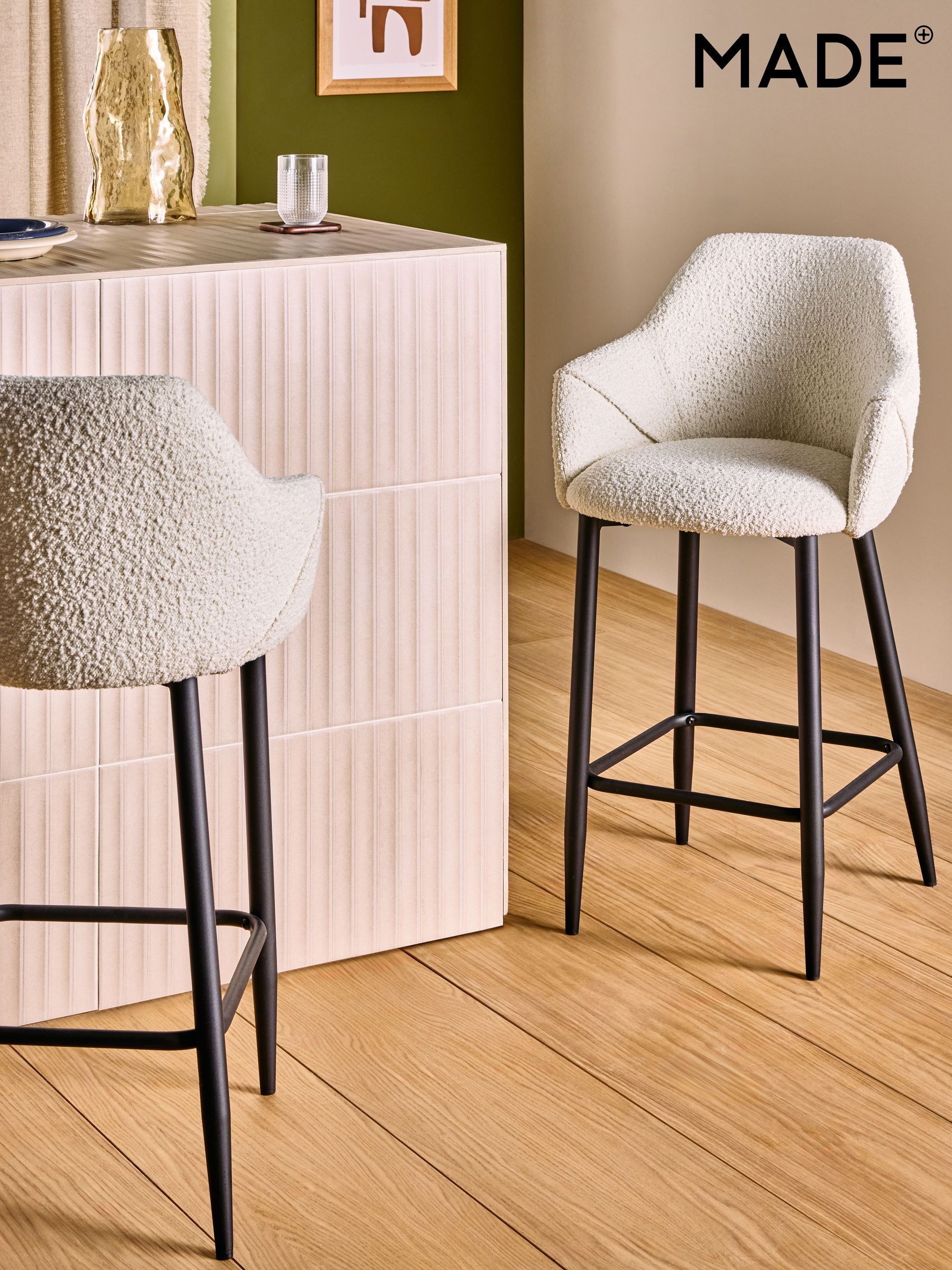 Lule Bar Stool in Velvet in White Boucle and Black Legs (F07897) | £169