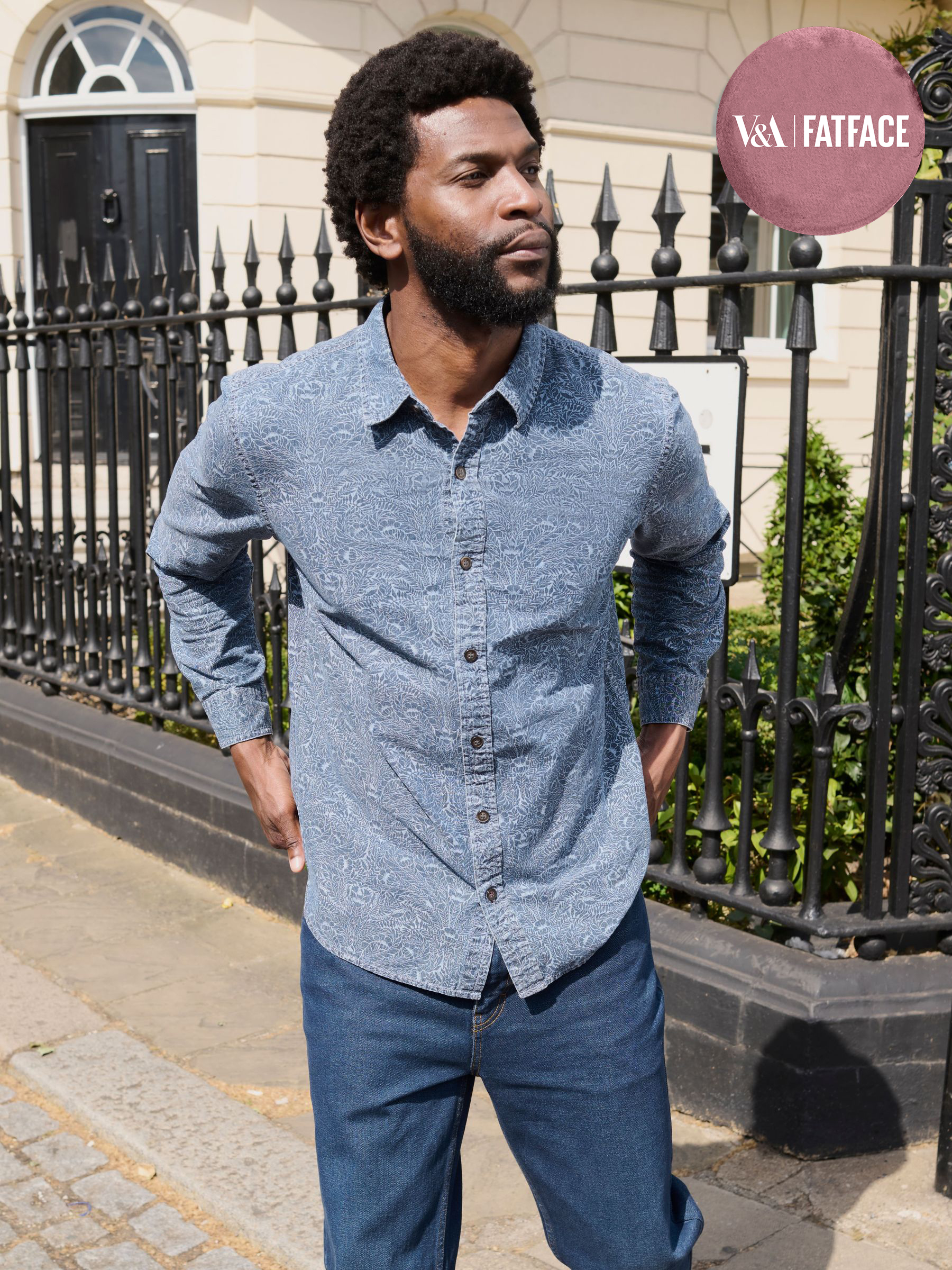 Chambray Blue Long Sleeve Floral Bouquet Print Shirt (F09280) | £55