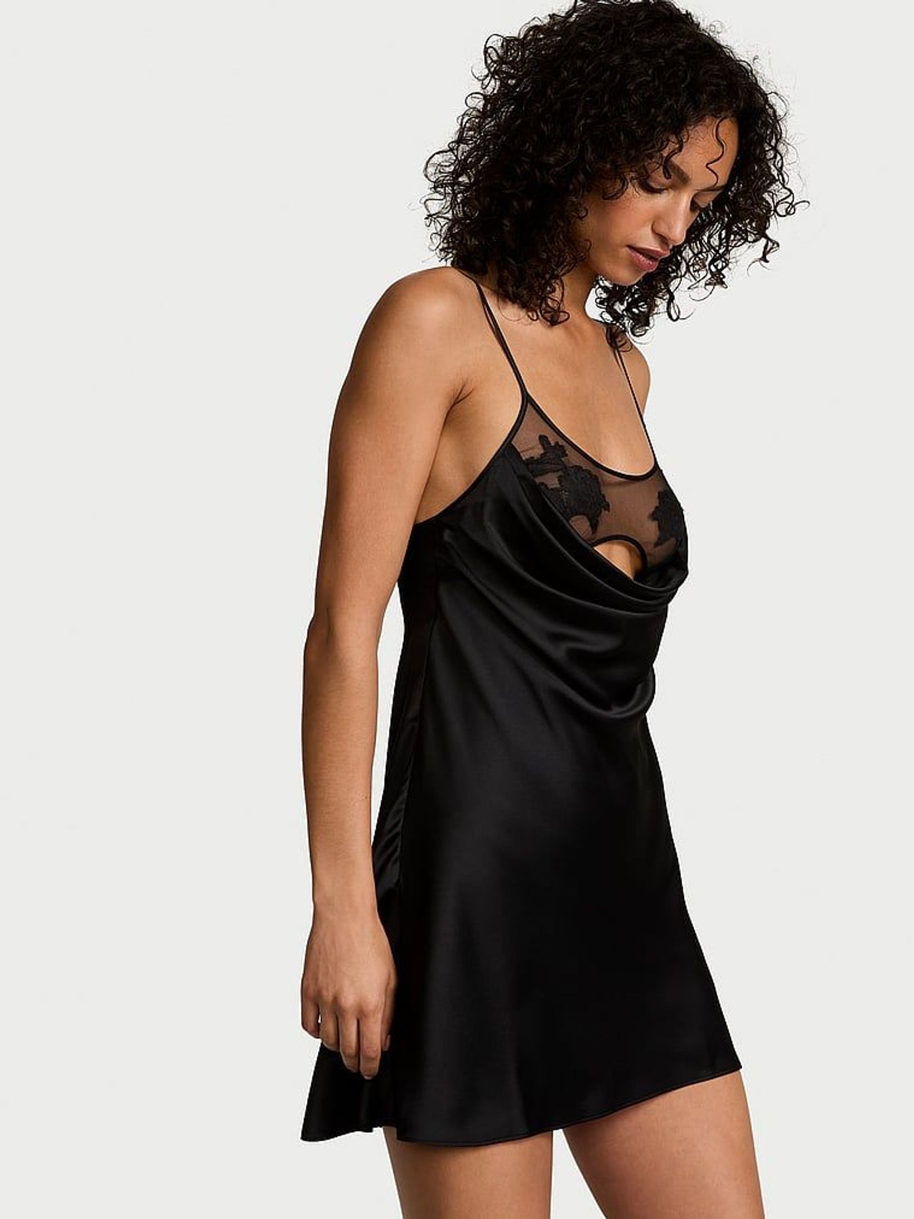 Black Sheer Rose Satin Mini Slip Dress (F11219) | £69