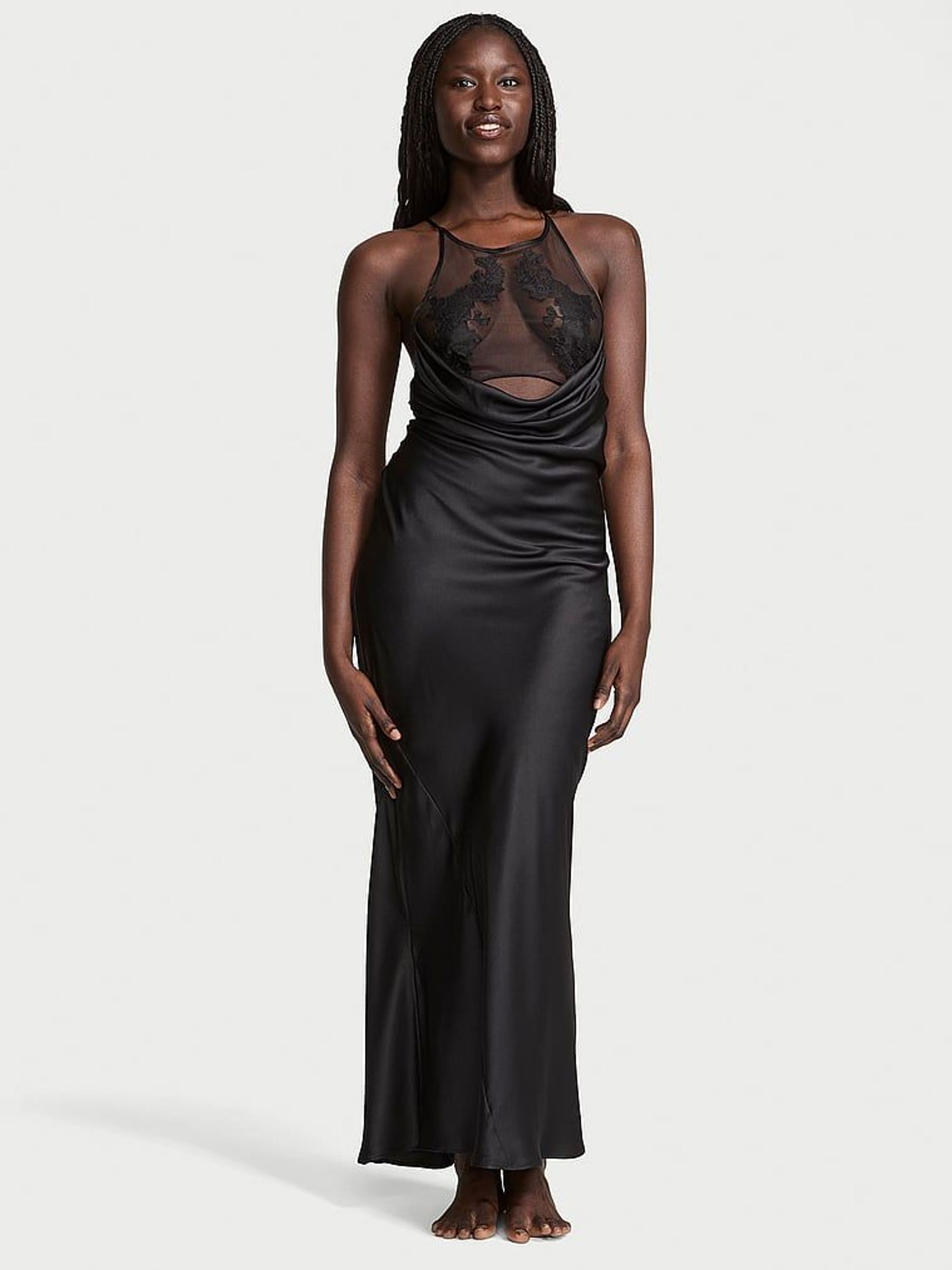 Black Sheer Rose Satin High Neck Long Slip Dress (F11289) | £85