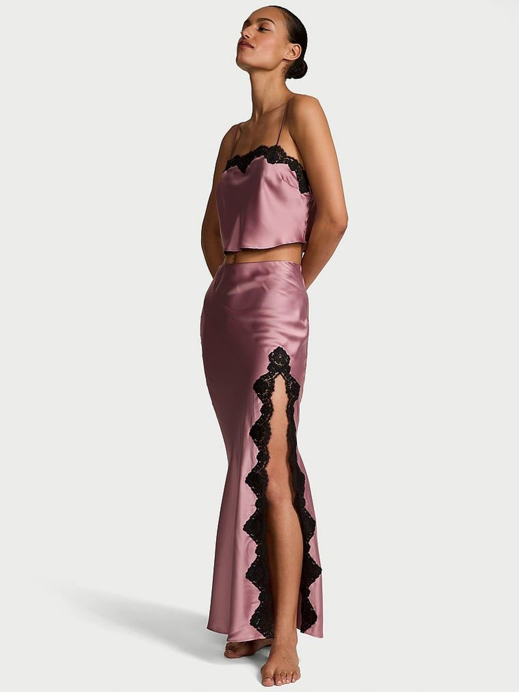 Pink Rose Satin Lace-Trim Cropped Top & Slip Skirt Set (F11528) | £85