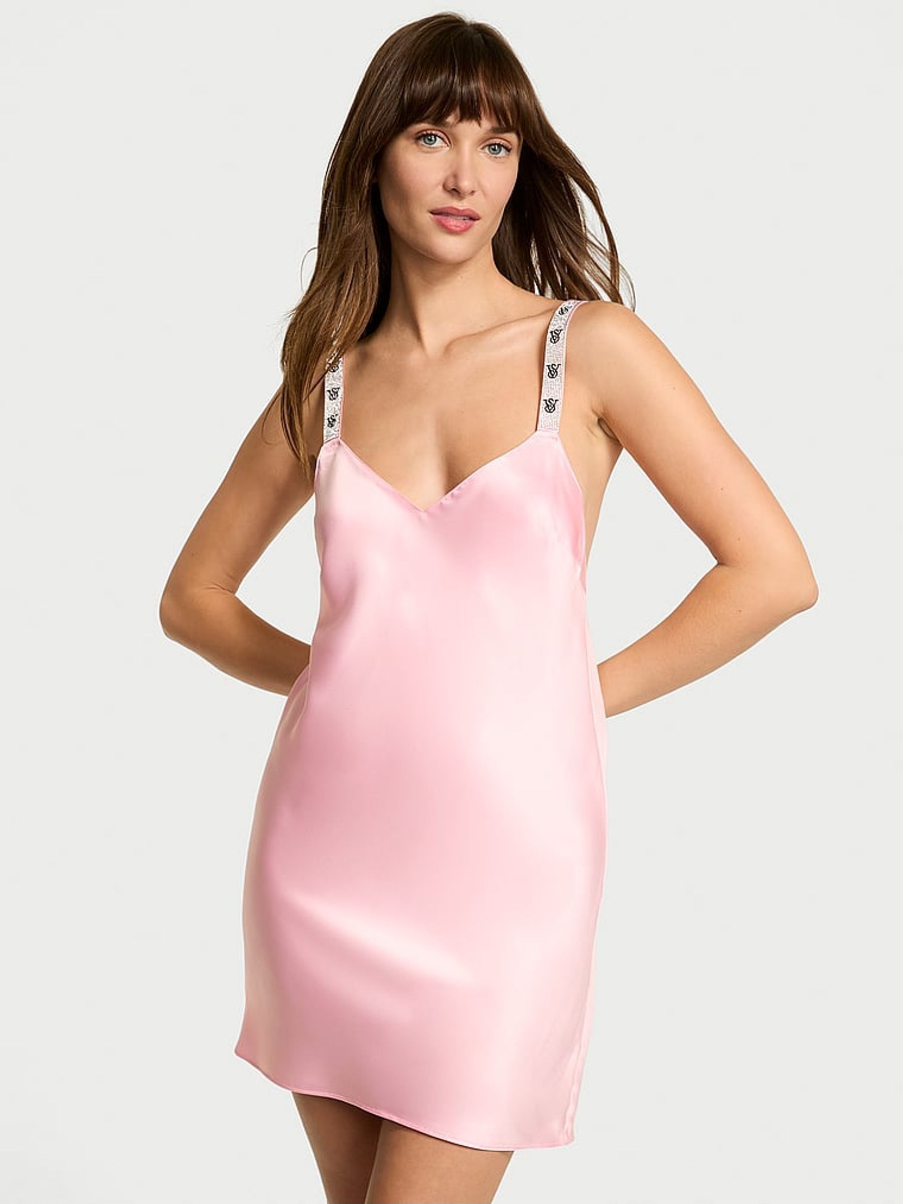 Pretty Blossom Pink Shine Strappy Back Satin Slip Dress (F11542) | £75