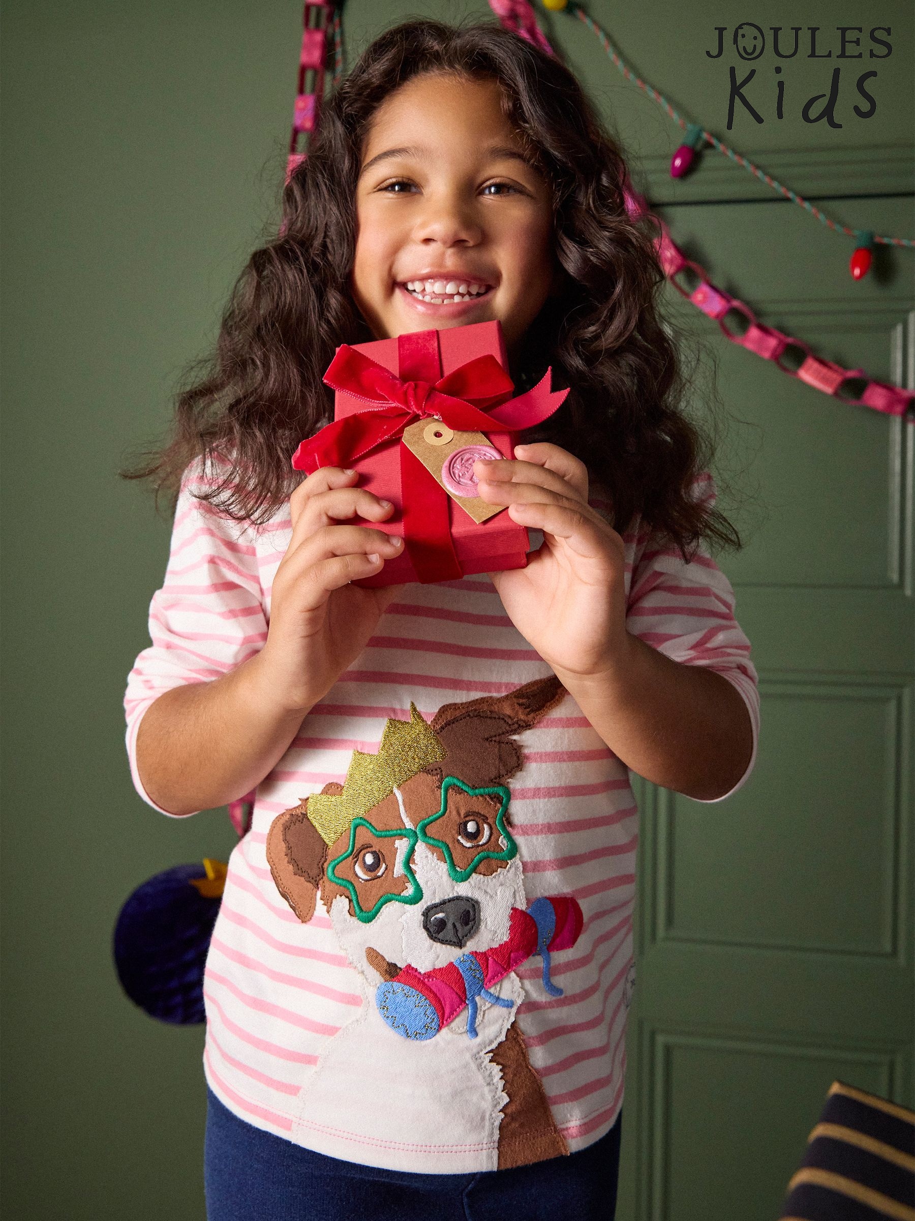 Girls' Ava Pink Stripe Dog Applique Long Sleeve Top (F12817) | £17 - £19