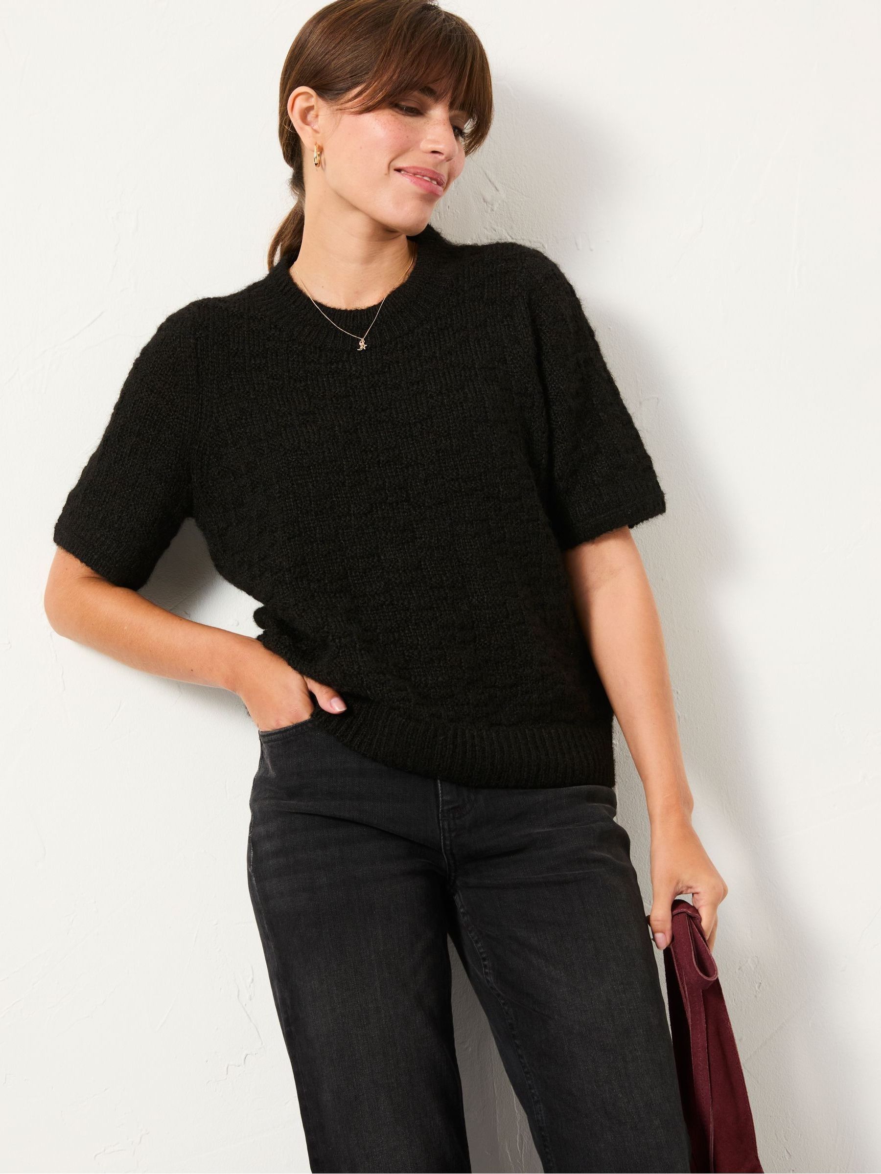 Keira Black Fluffy Short Sleeve Knitted T Shirt (F14278) | £48