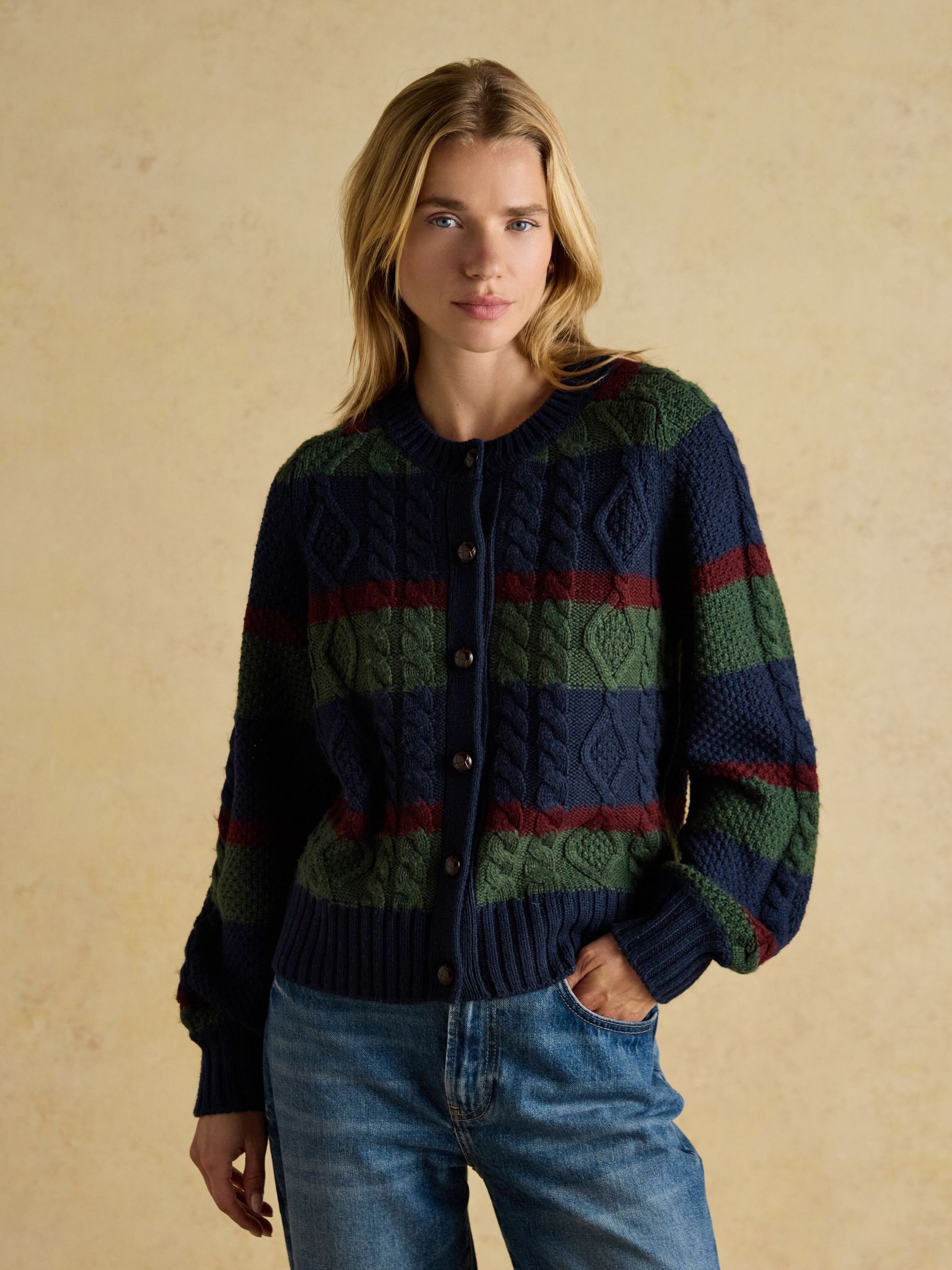 Rafferty Navy & Green Striped Cable Knit Cardigan