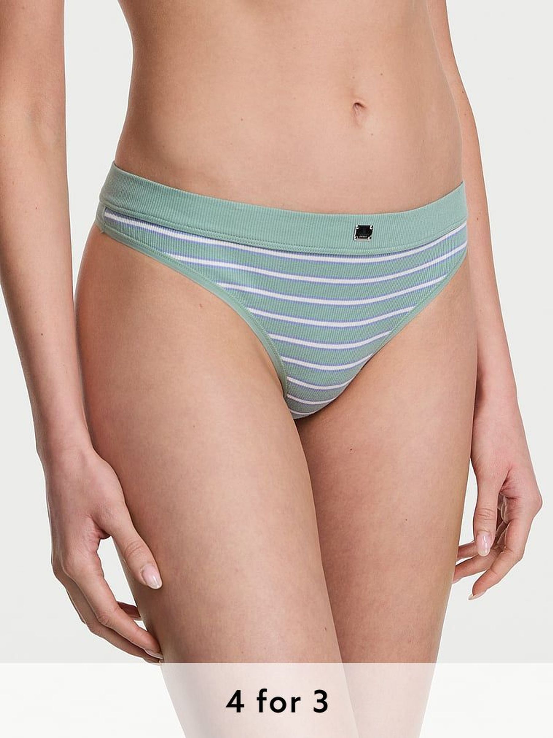 Seasalt Green Stripe Thong Cotton Rib Logo Knickers (F15599) | £9