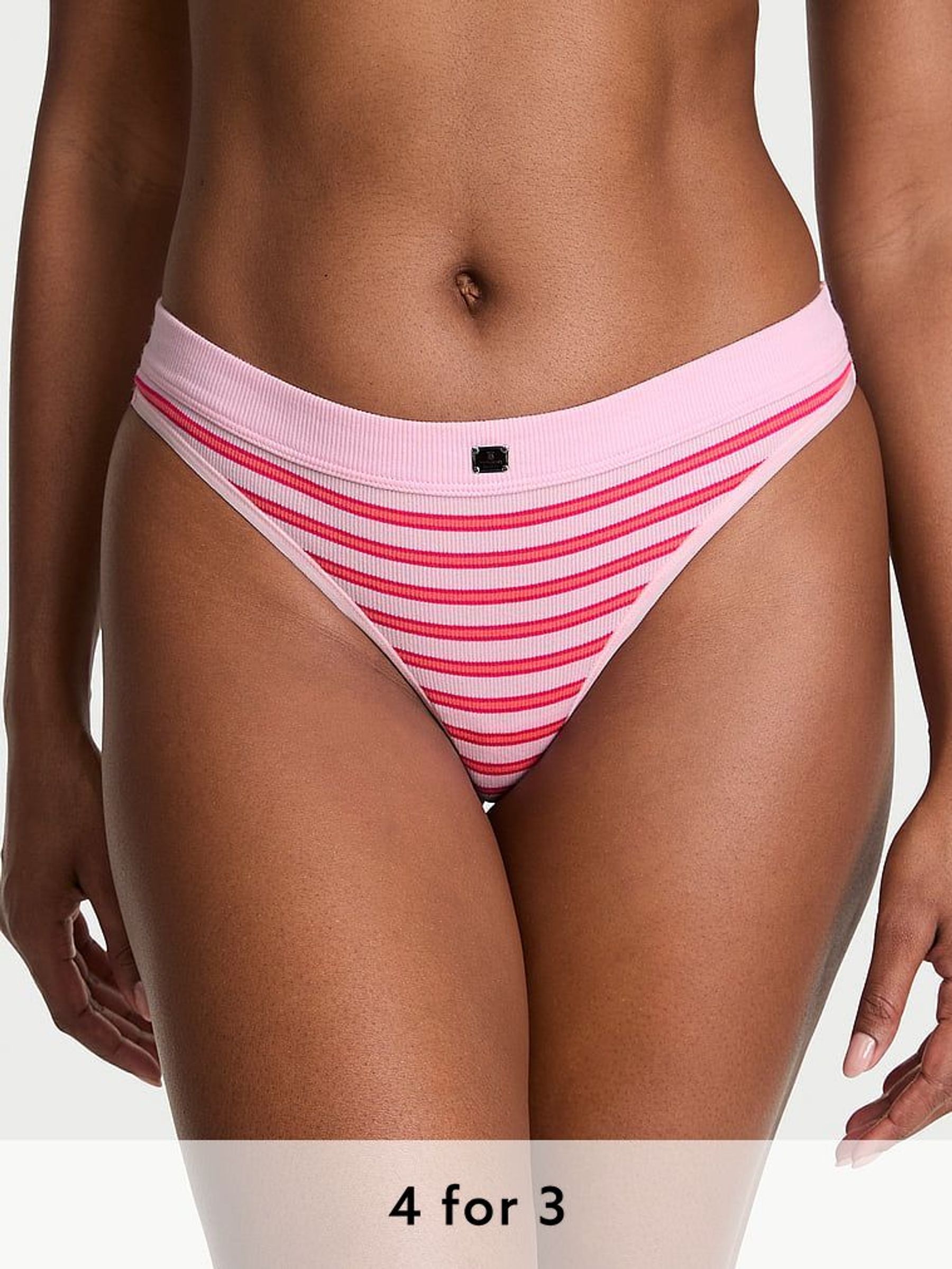 Pretty Blossom Pink Stripe Thong Cotton Rib Logo Knickers (F15609) | £9