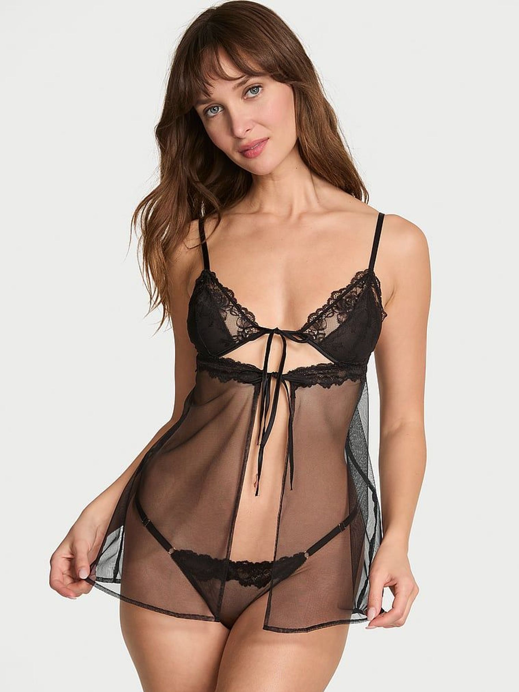 Black Sheer Lace Triangle Babydoll Set (F15704) | £59