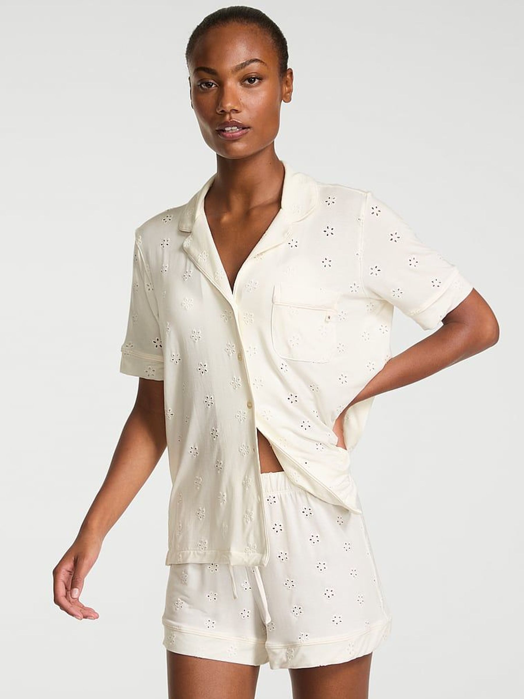 Coconut White Eyelet Modal Short Pyjama Set (F15709) | £59