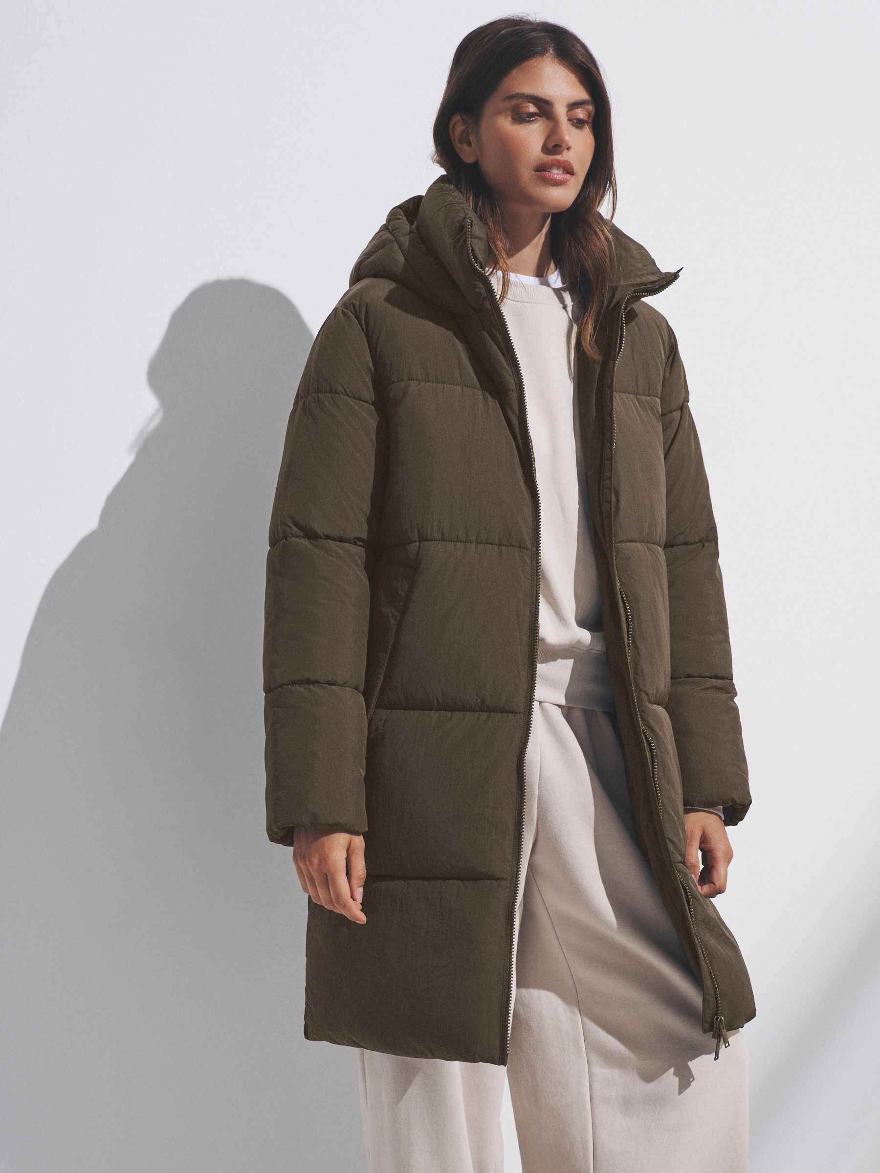 Dark Khaki - Hooded Longline Padded Midi Coat (F17754) | £42