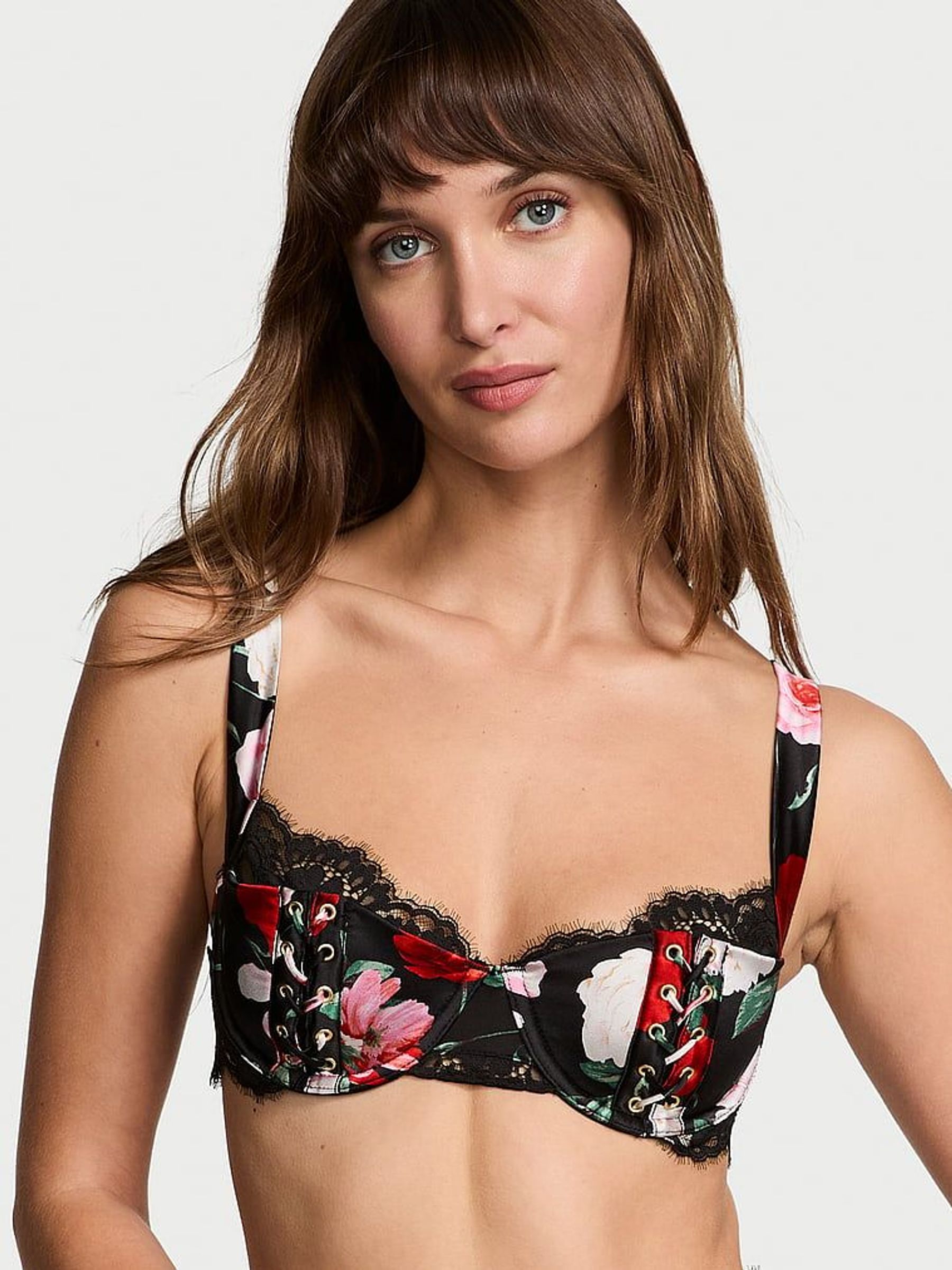Black Atelier Floral Silk Satin Lace Lightly Lined Balcony Bra (F18019) | £135