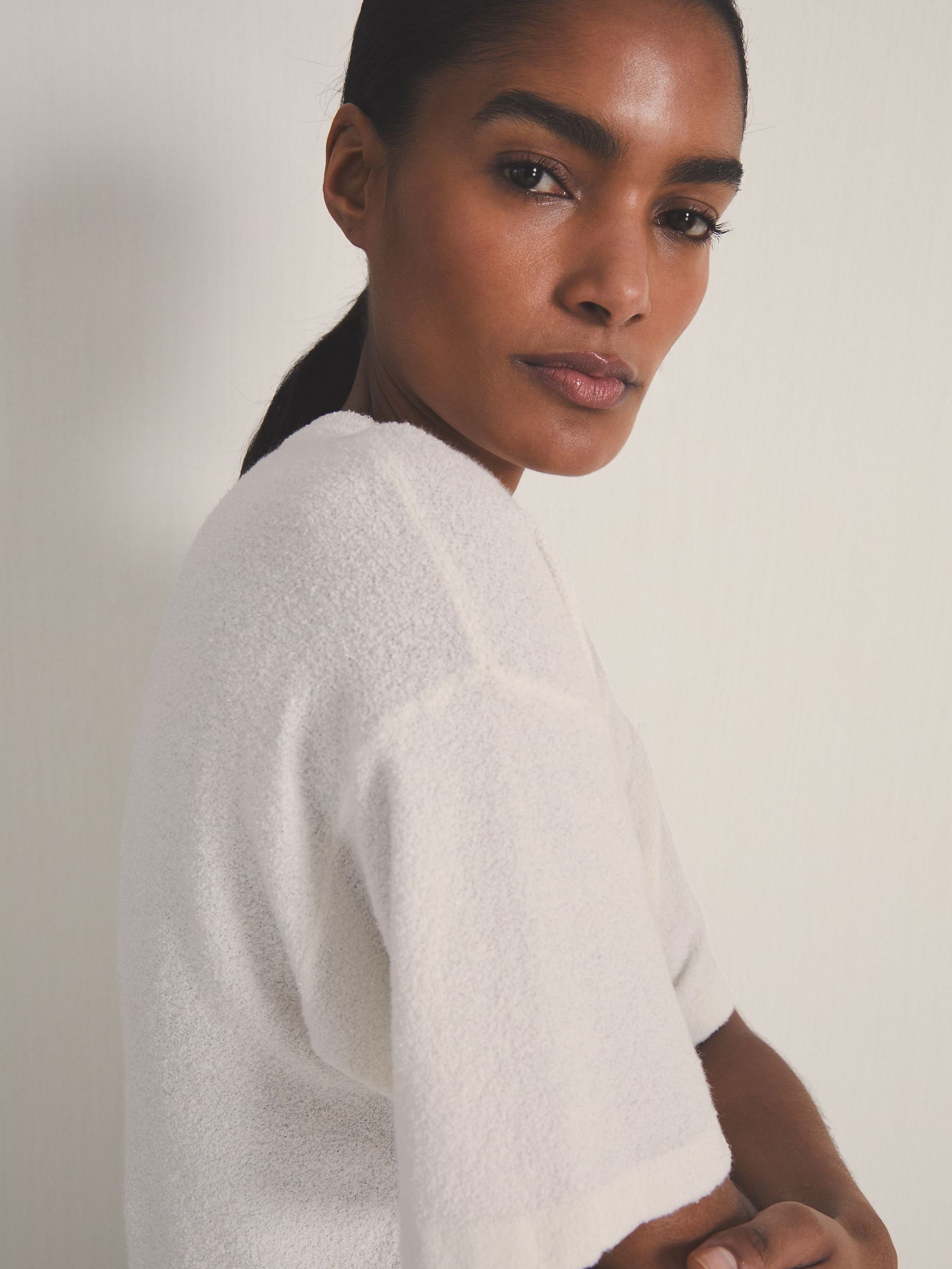 Reiss | Les 100 Ciels Bouclé T-Shirt in Ivory (F18172) | £88