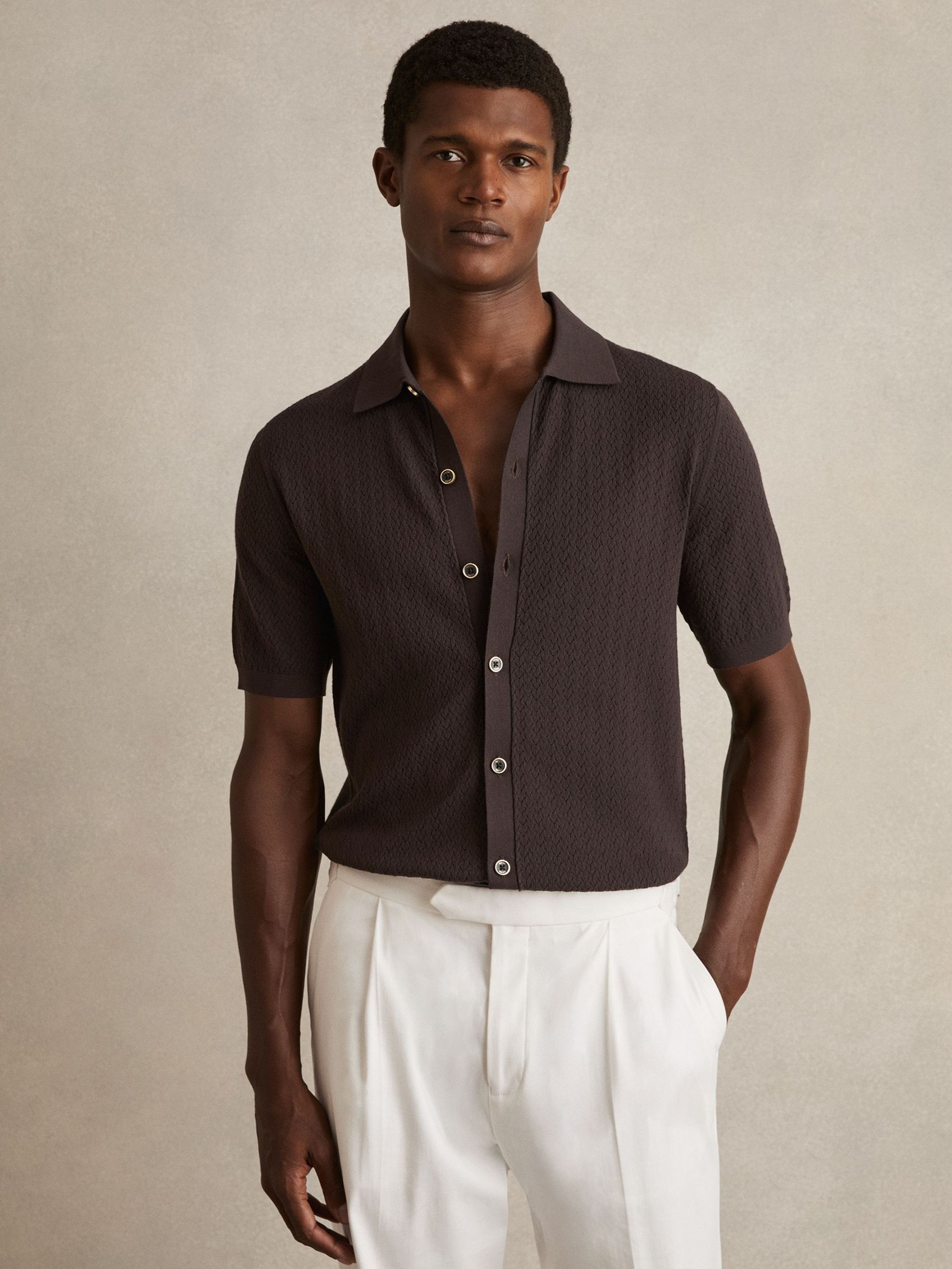 Textured Knit Button-Through Shirt in Chocolate Brown (F18191) | £120