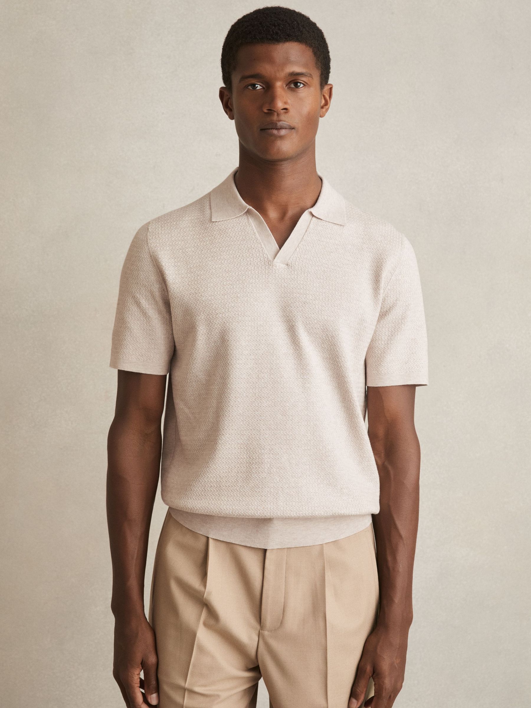 Open Collar Knit Polo Shirt in Oatmeal Melange (F18214) | £98