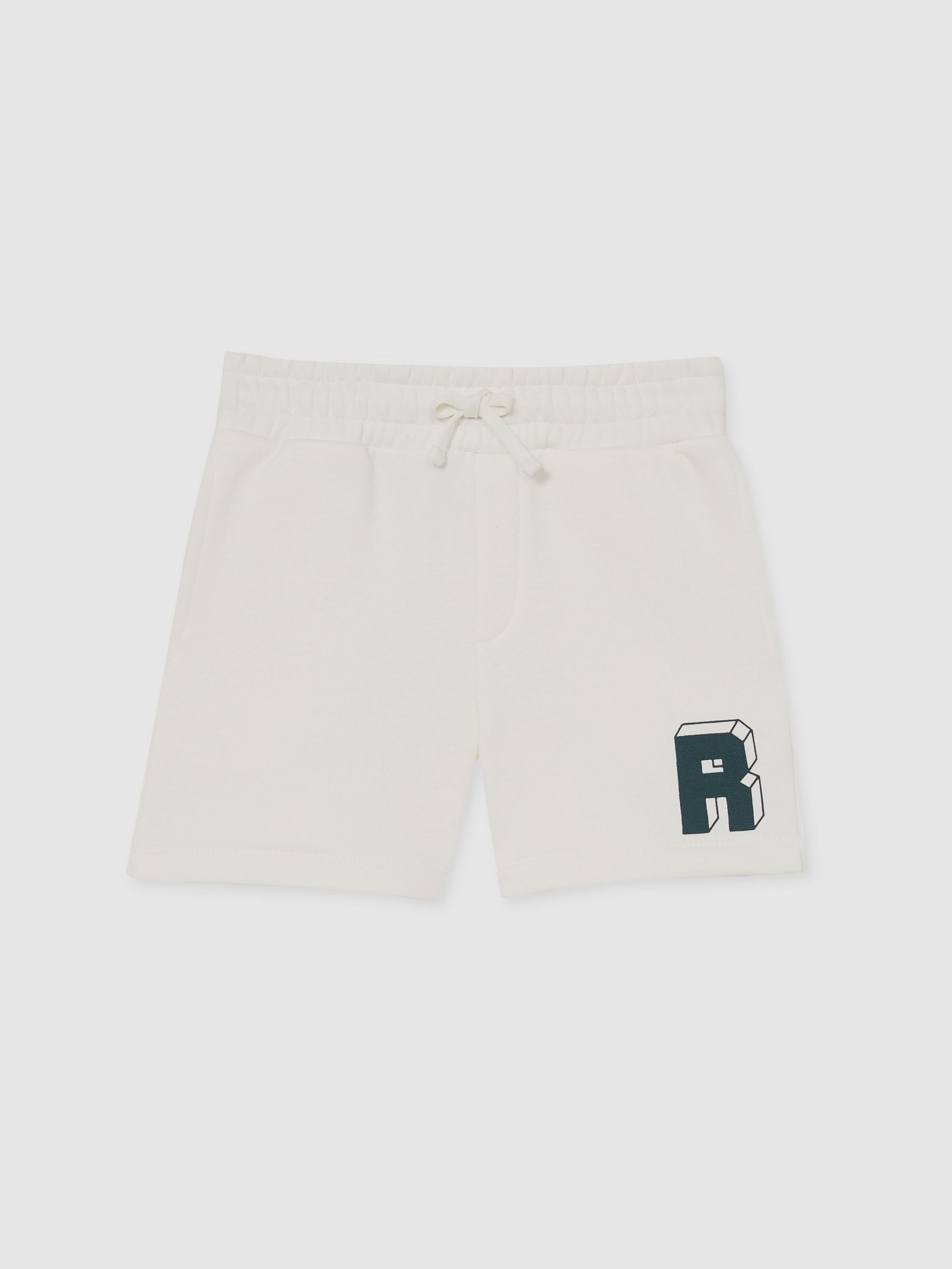 13-14 yrs Jersey Drawstring R Print Shorts in Off White/Forest Green (F18242) | £20