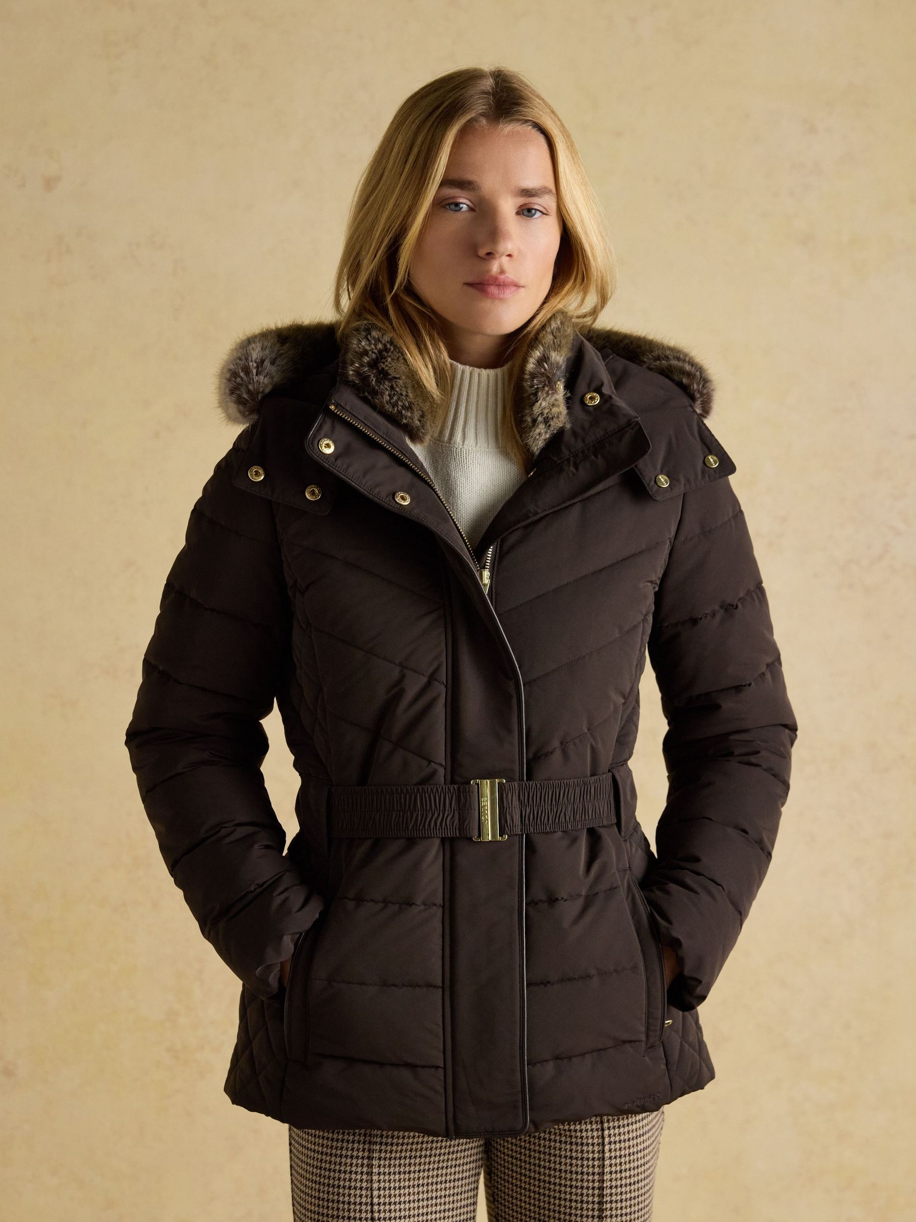 Aspen Brown Showerproof Padded Coat with Faux Fur Hood (F19607) | £169