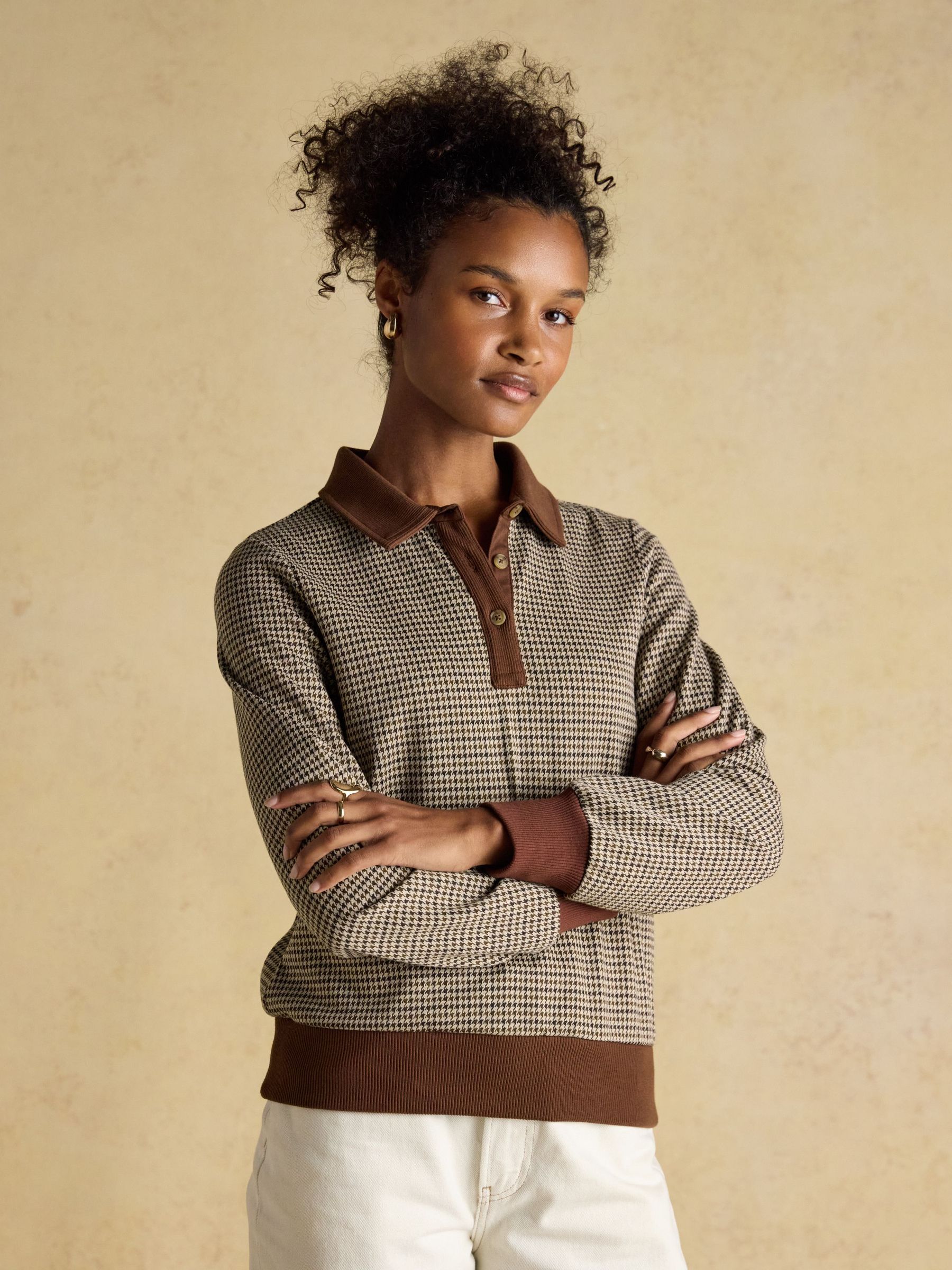 Laurel Houndstooth Check Long Sleeve Rib Top