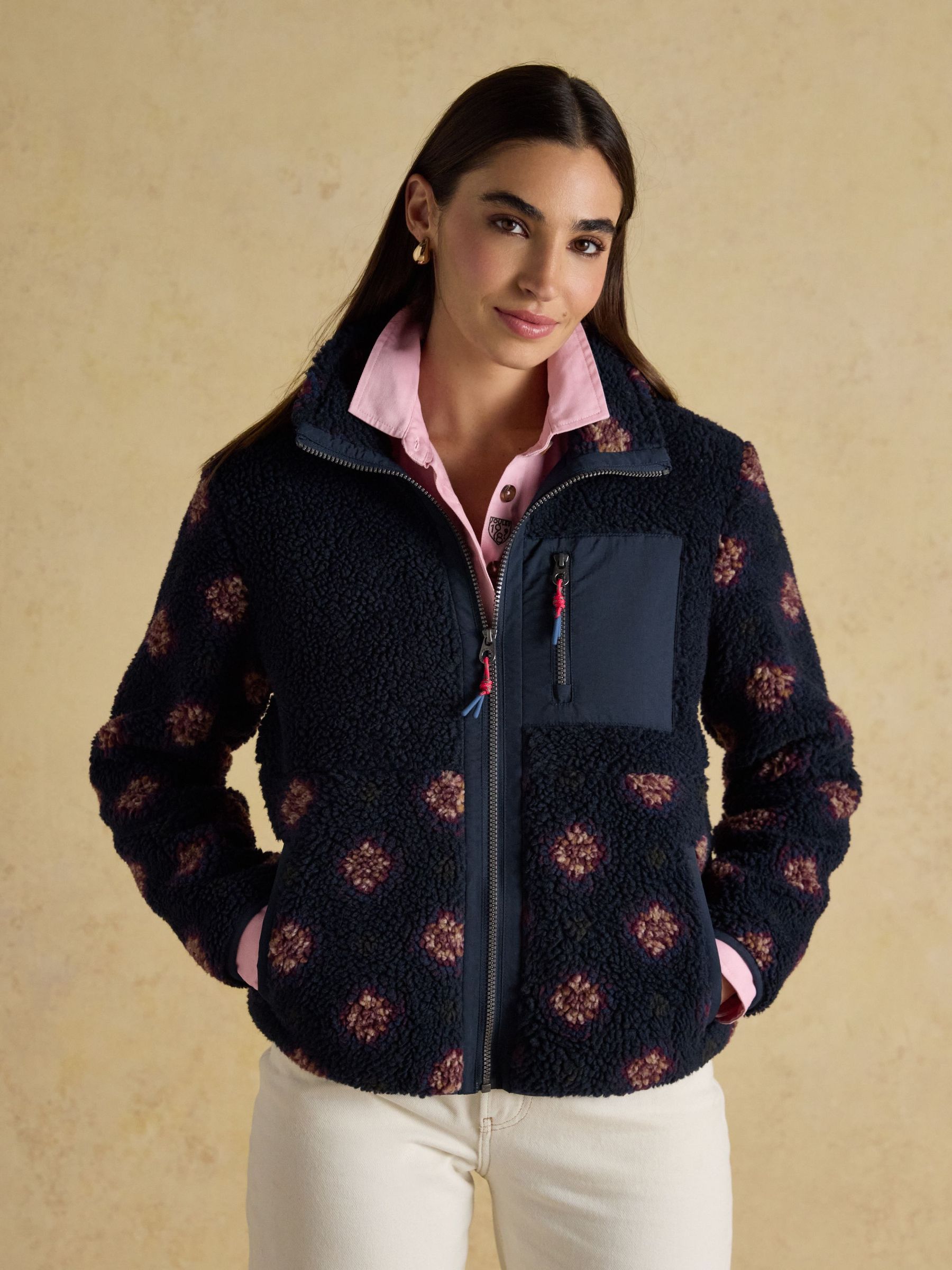 Lottie Navy/Red Geometric Print Borg Fleece with Zip Fastening