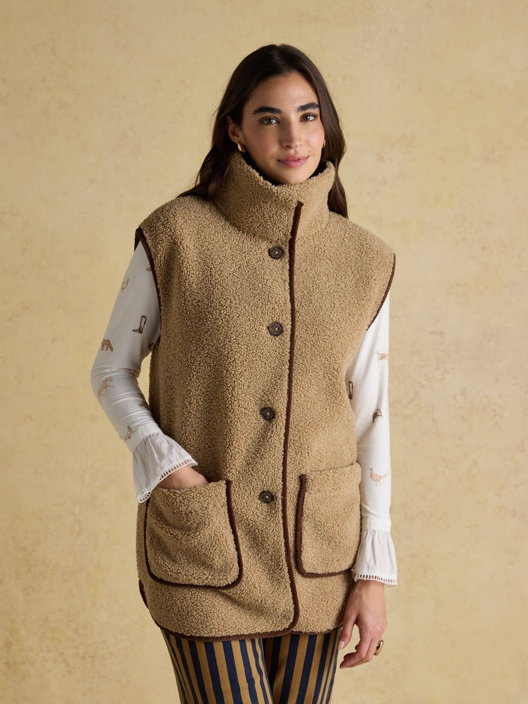 Sadie Taupe Longline Button Through Fleece Gilet (F22137) | £65