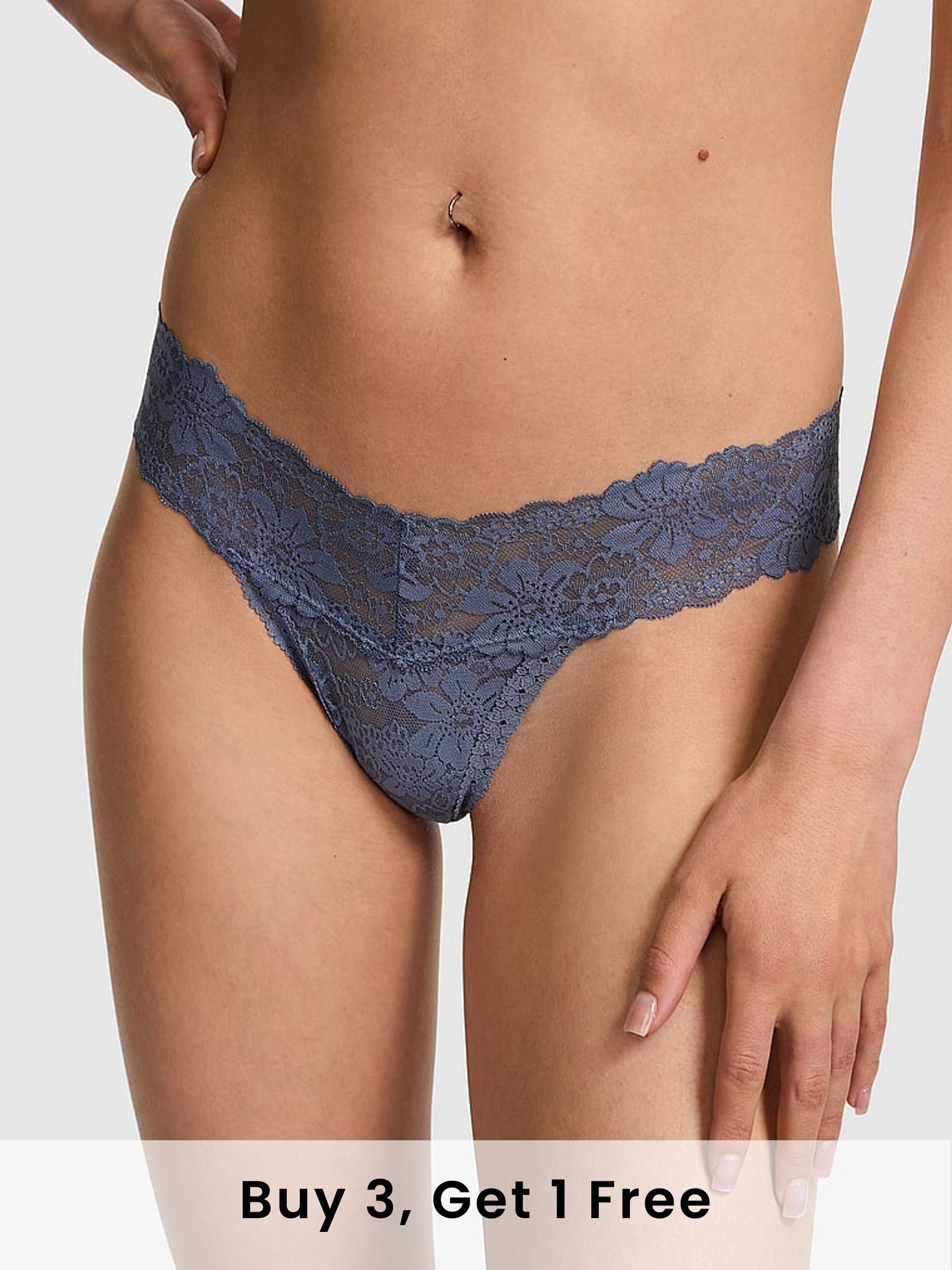 Dusty Iris Blue Thong Cotton Lace Trim Knickers (F22506) | £9