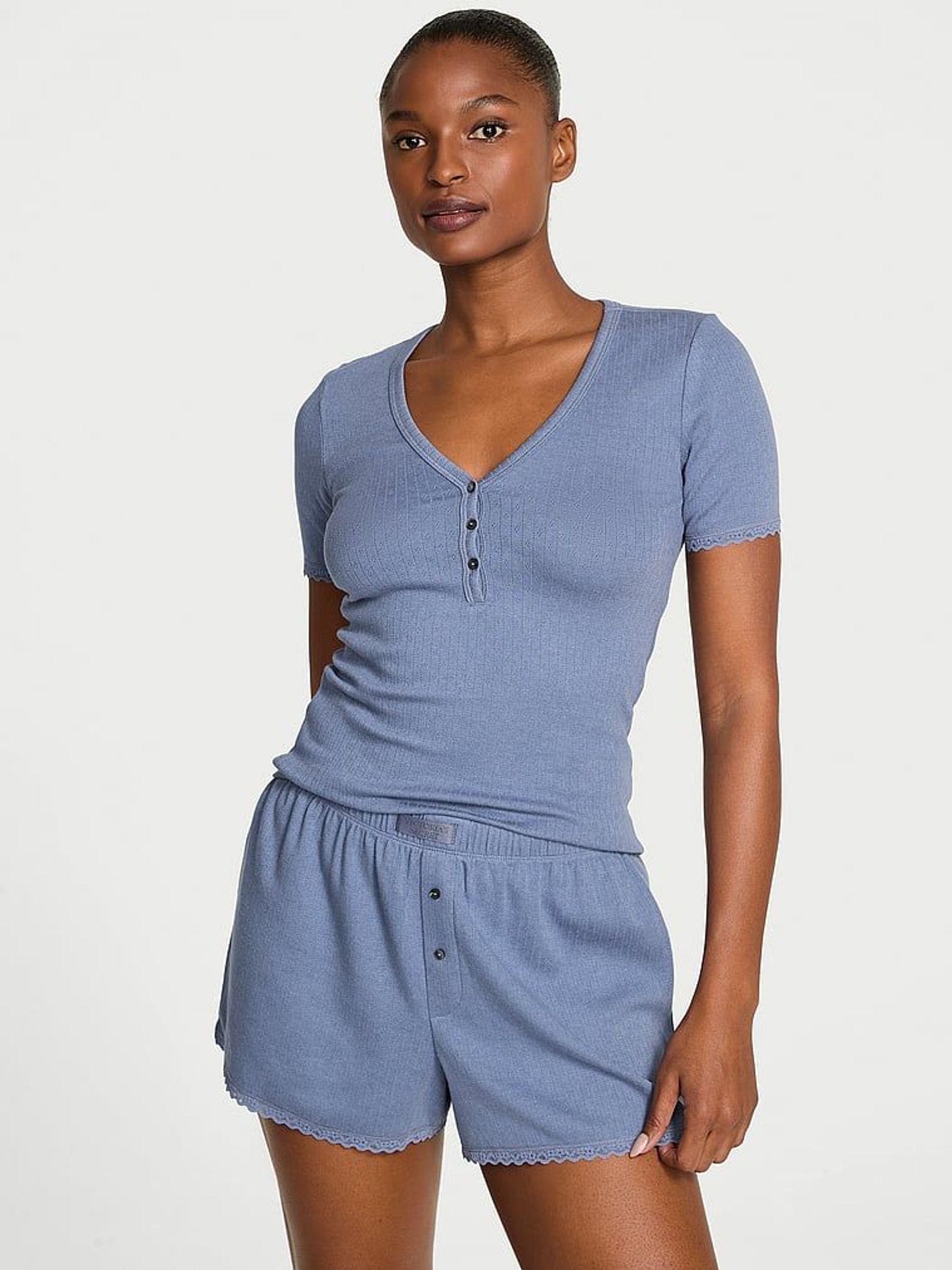 Moonlight Blue Pointelle Henley Short Sleeve Pyjama Set (F23655) | £39