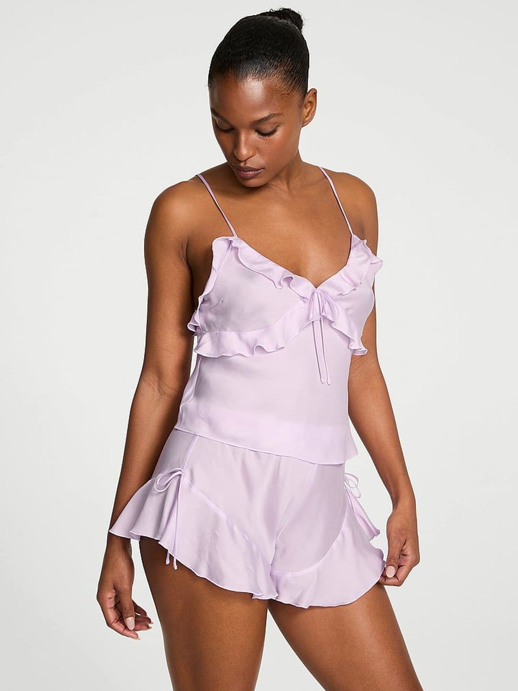 Delicate Violet Purple Silky Flutter Ruffled Cami Set (F23657) | £69