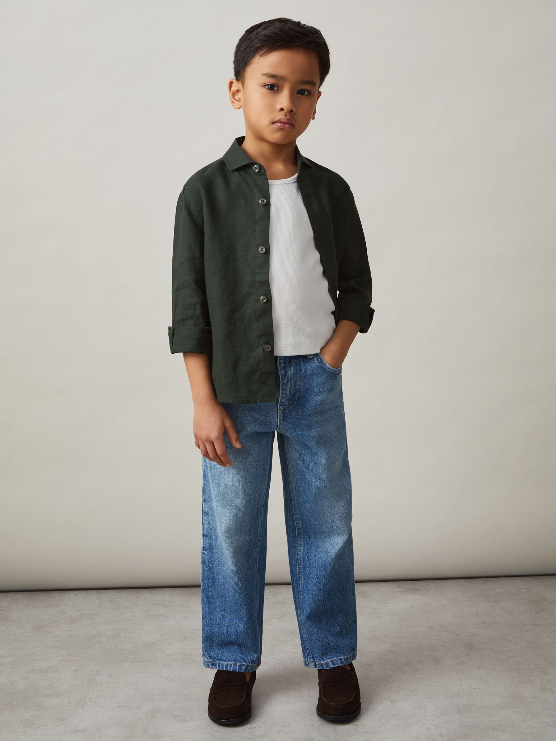 3-9 yrs Linen Cutaway Collar Shirt in Dark Green (F24381) | £21