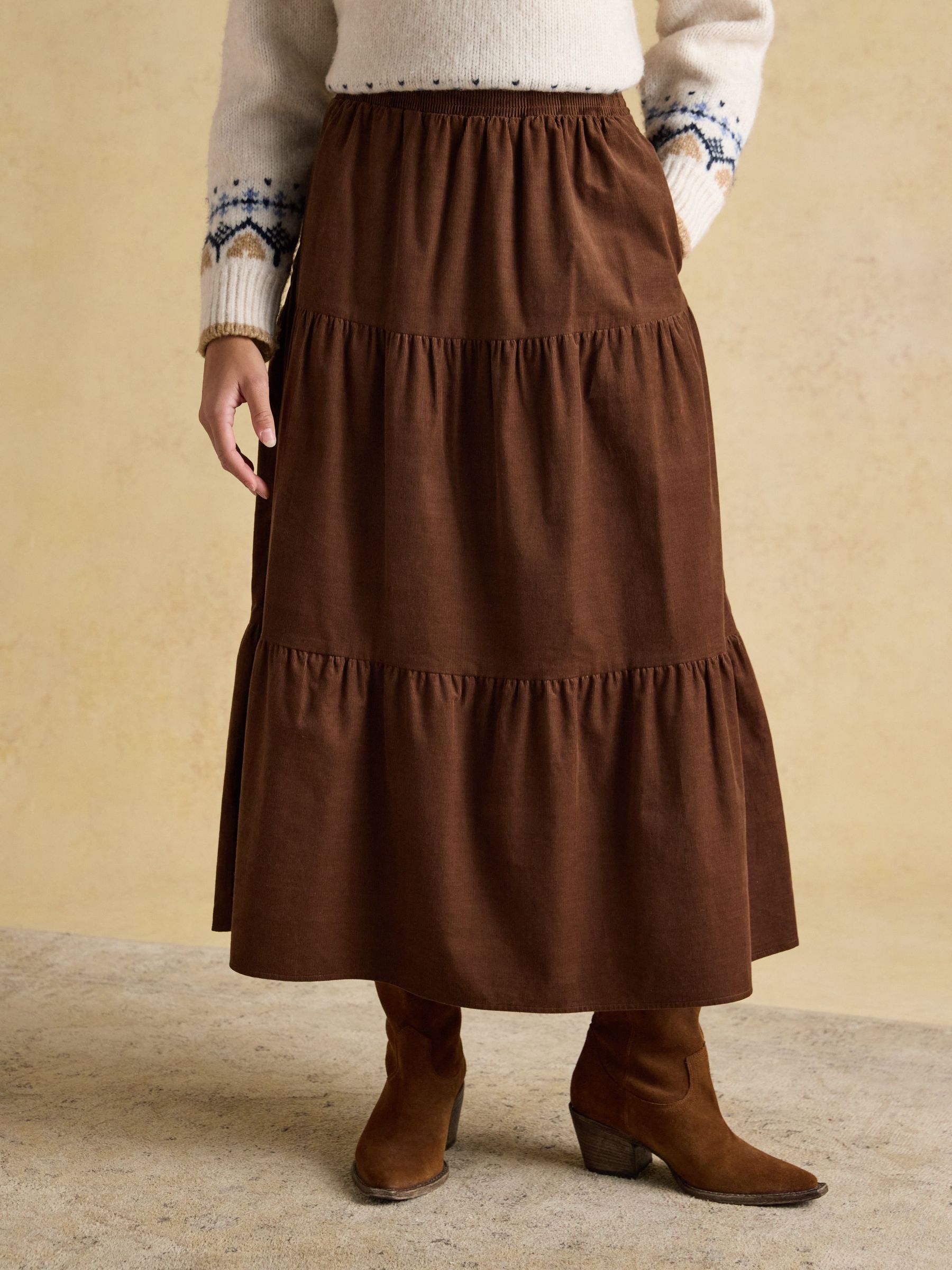 Brown Cord Tiered Midi Skirt