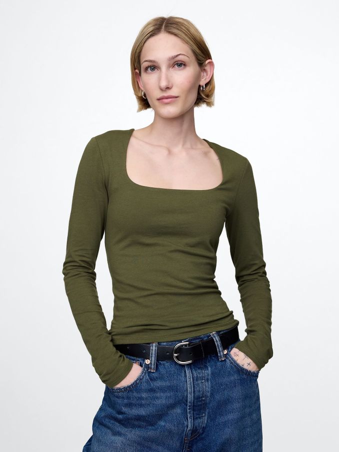 Khaki Green Square Neck Long Sleeve Top (F25516) | £20