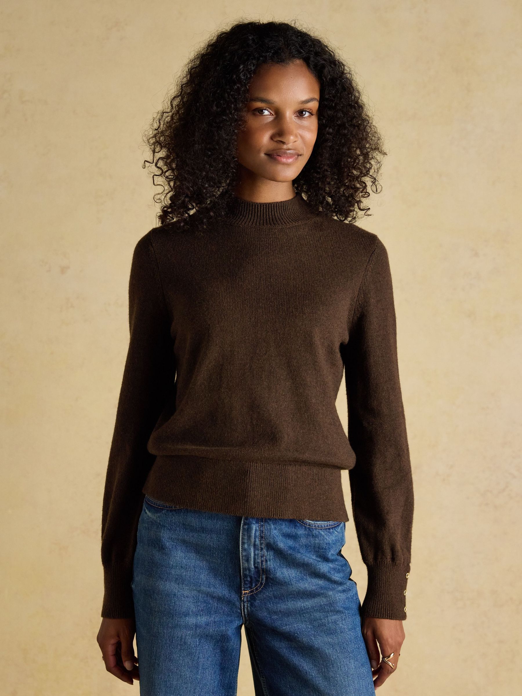 Enid Chocolate Brown Cotton-Rich High Neck Jumper (F26036) | £54