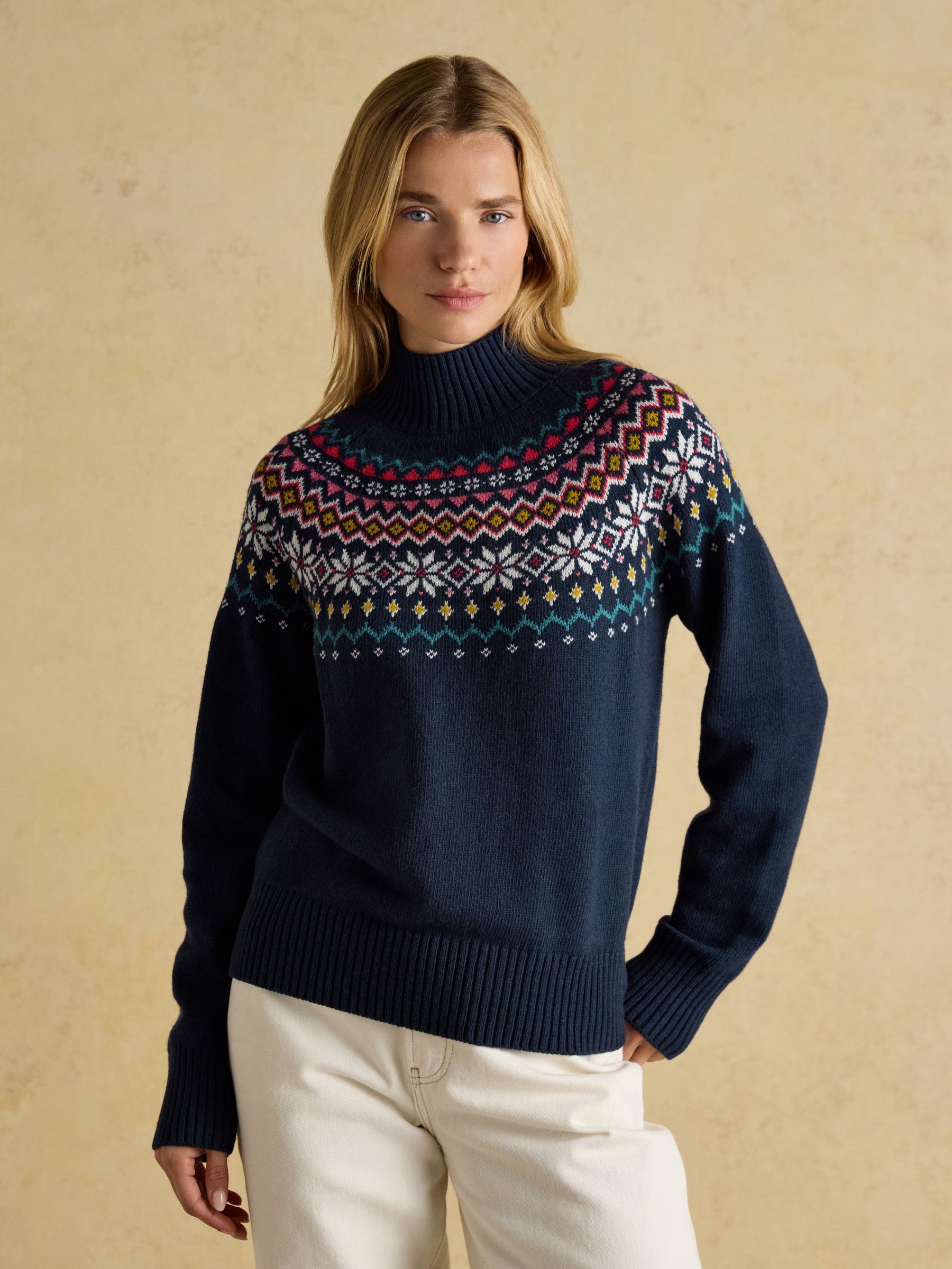 Alba Navy Fair Isle High Neck Cotton-Blend Jumper