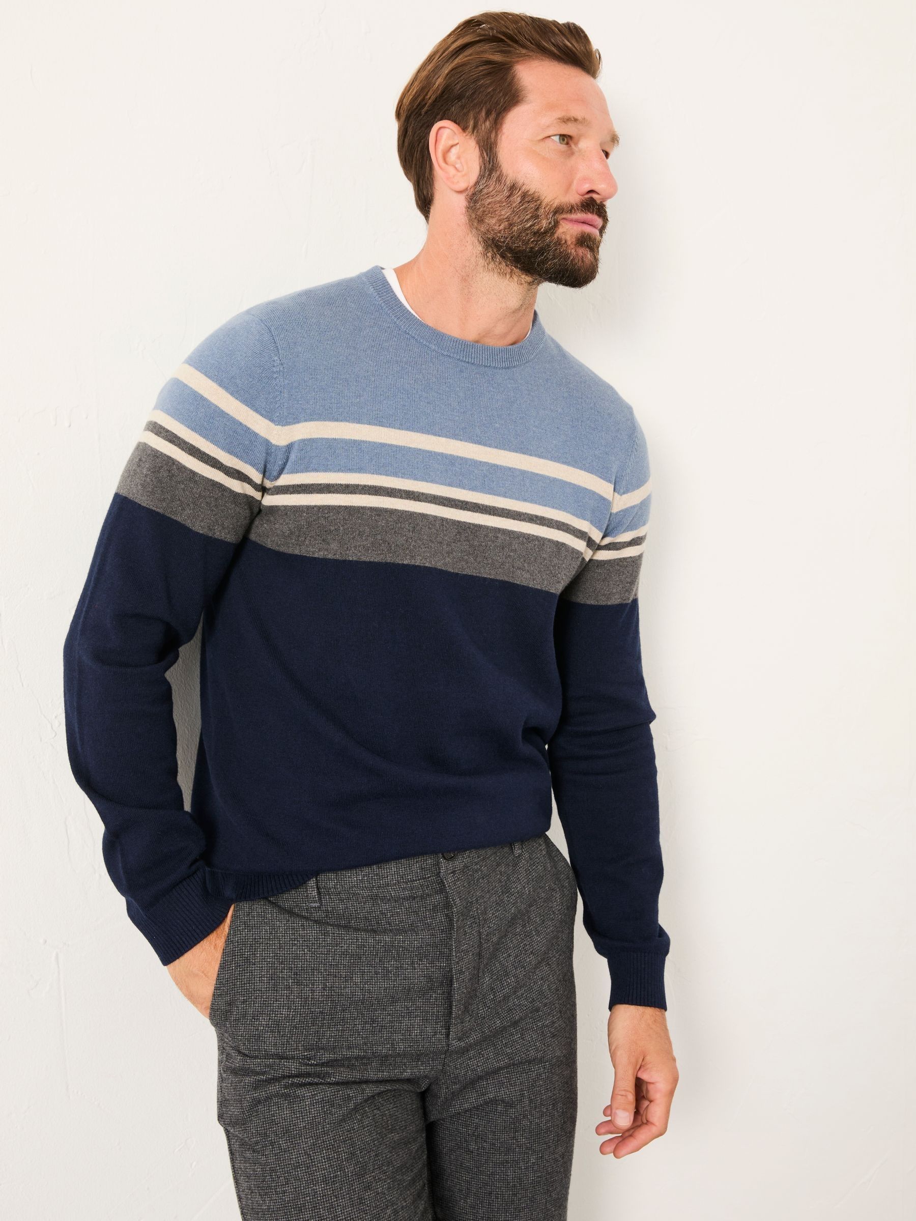 Rye Navy Stripe Crew Neck Knitted Jumper (F26071) | £49.50