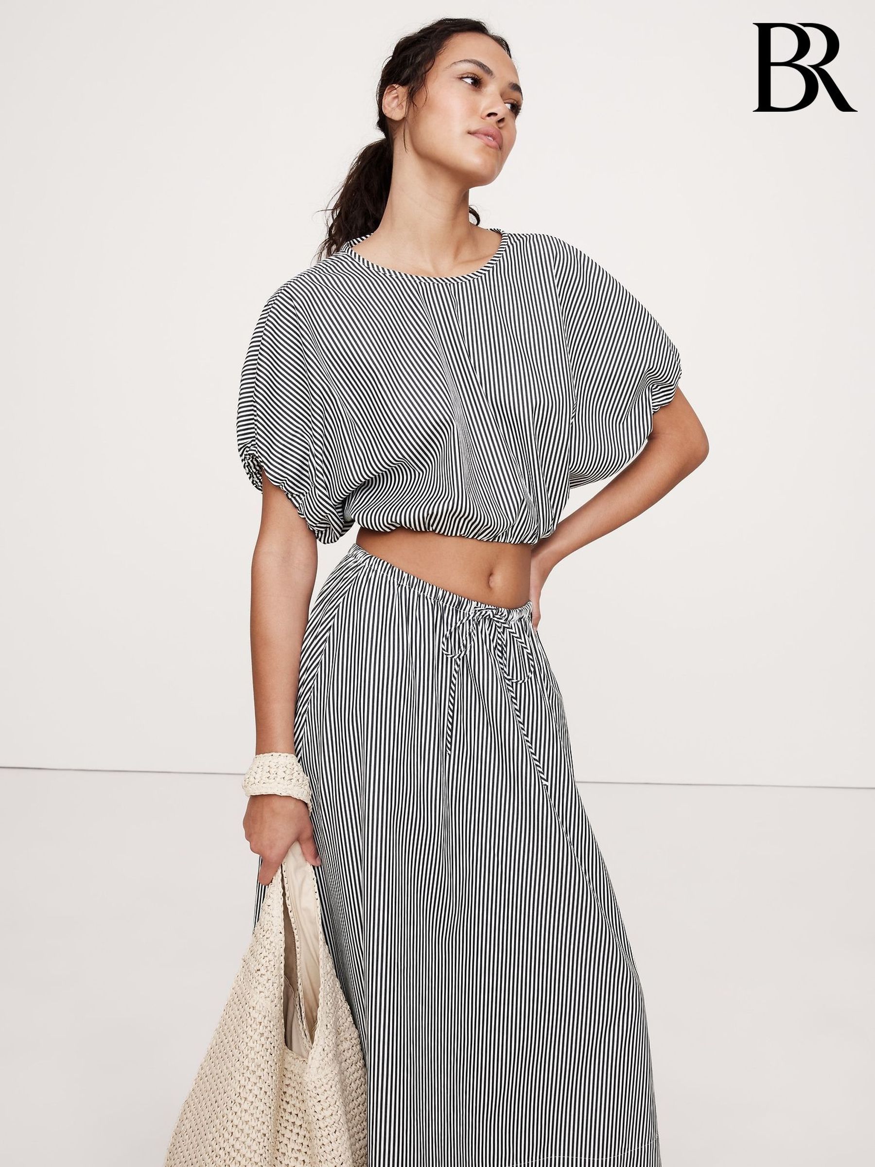 Banana Republic Blue Stripe Poplin Bubble-Hem Cropped Top (F26517) | £50