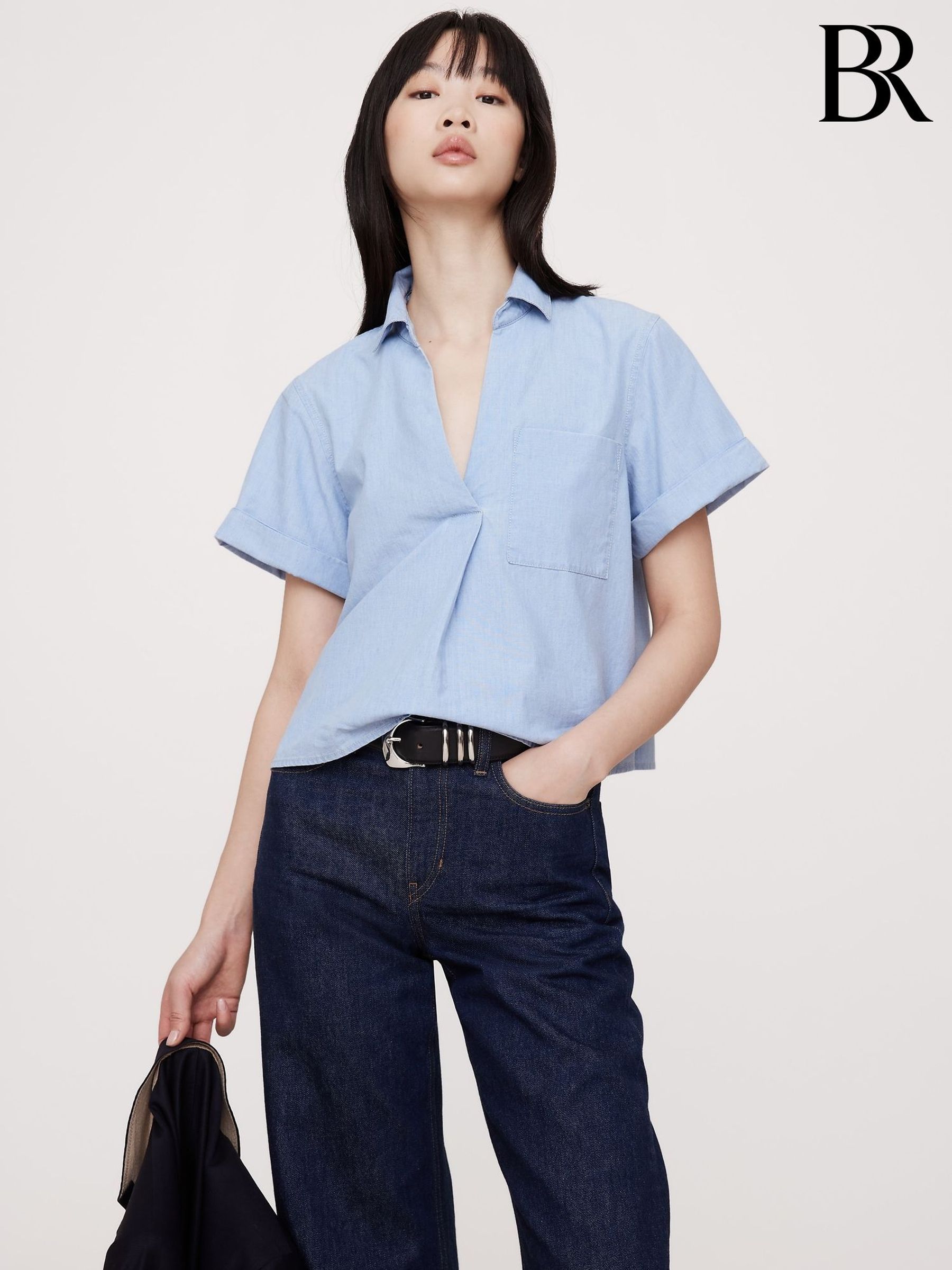 Banana Republic Blue Chambray Cropped Popover Shirt (F26521) | £65