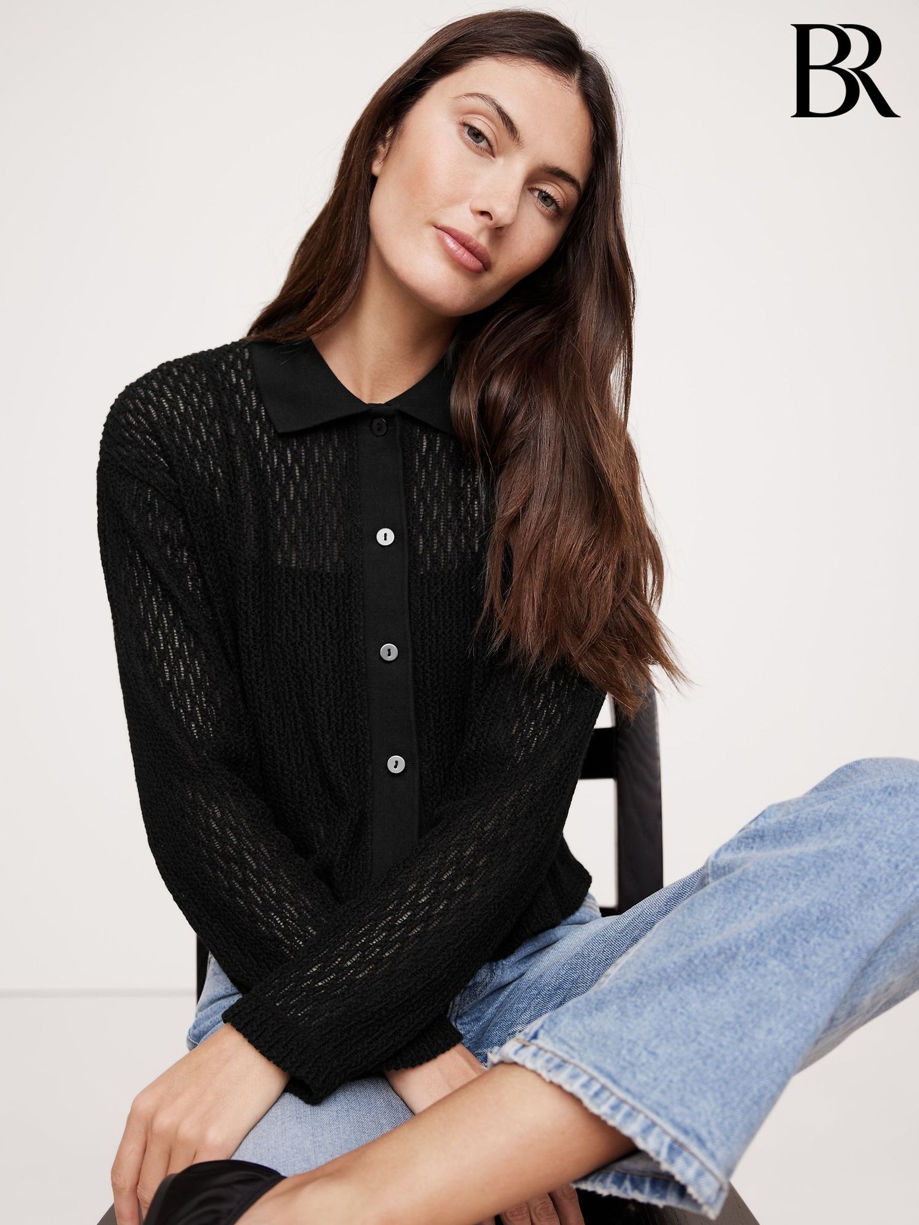 Banana Republic Black Mesh Polo Cardigan (F26557) | £80
