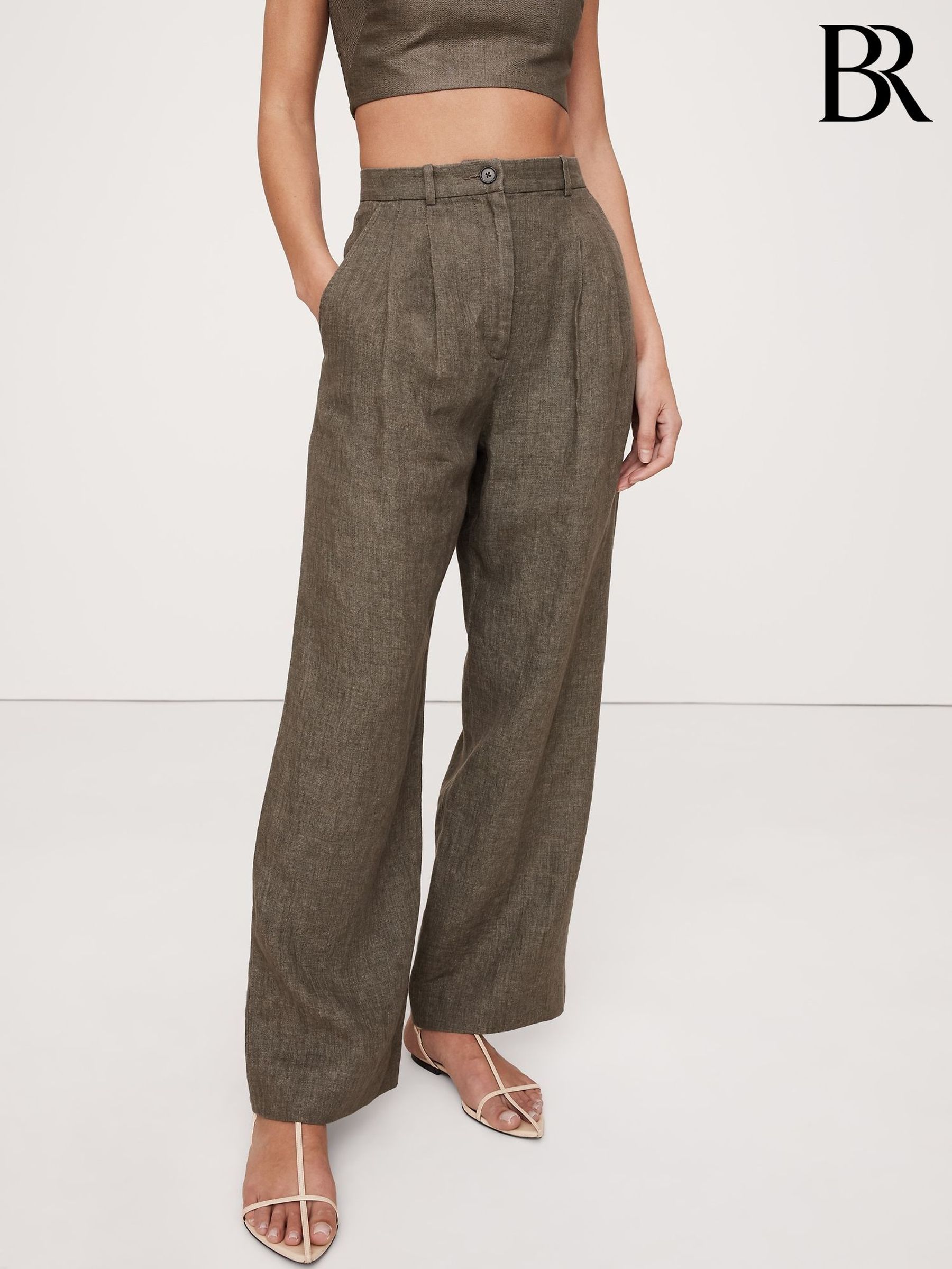 Banana Republic Green Soho High-Waisted Wide-Leg Linen Trousers (F26570) | £105