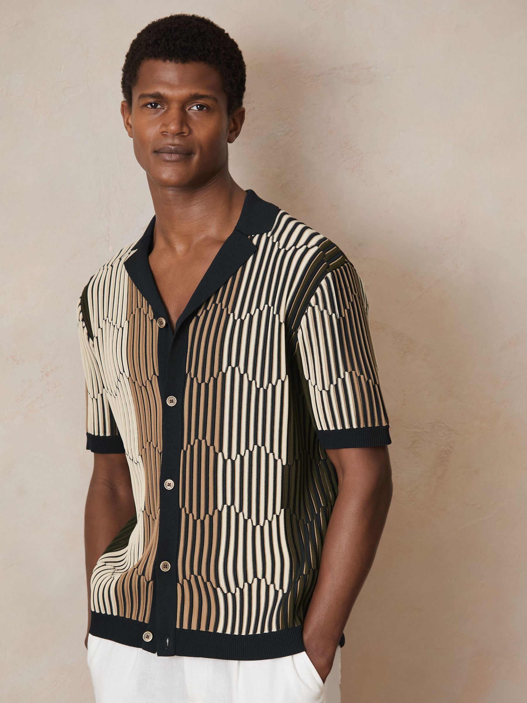 Reiss | Ché Stripe-Intarsia Shirt in Navy/Camel (F27888) | £130
