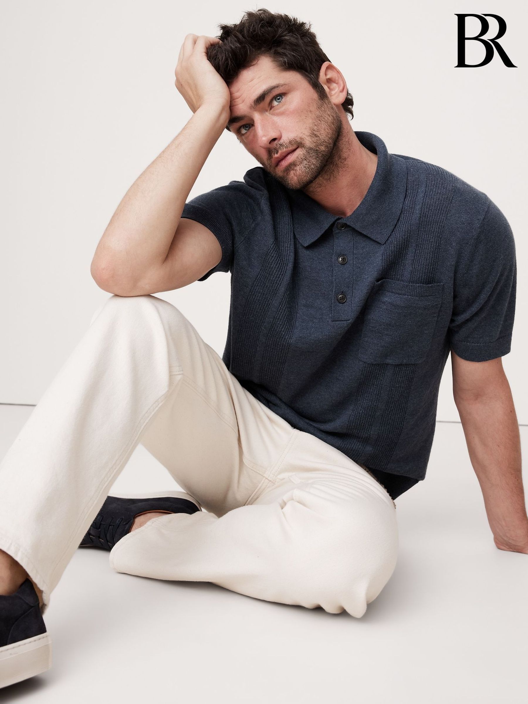 Banana Republic Navy Blue Linen-Cotton Ribbed Polo Jumper (F28736) | £75