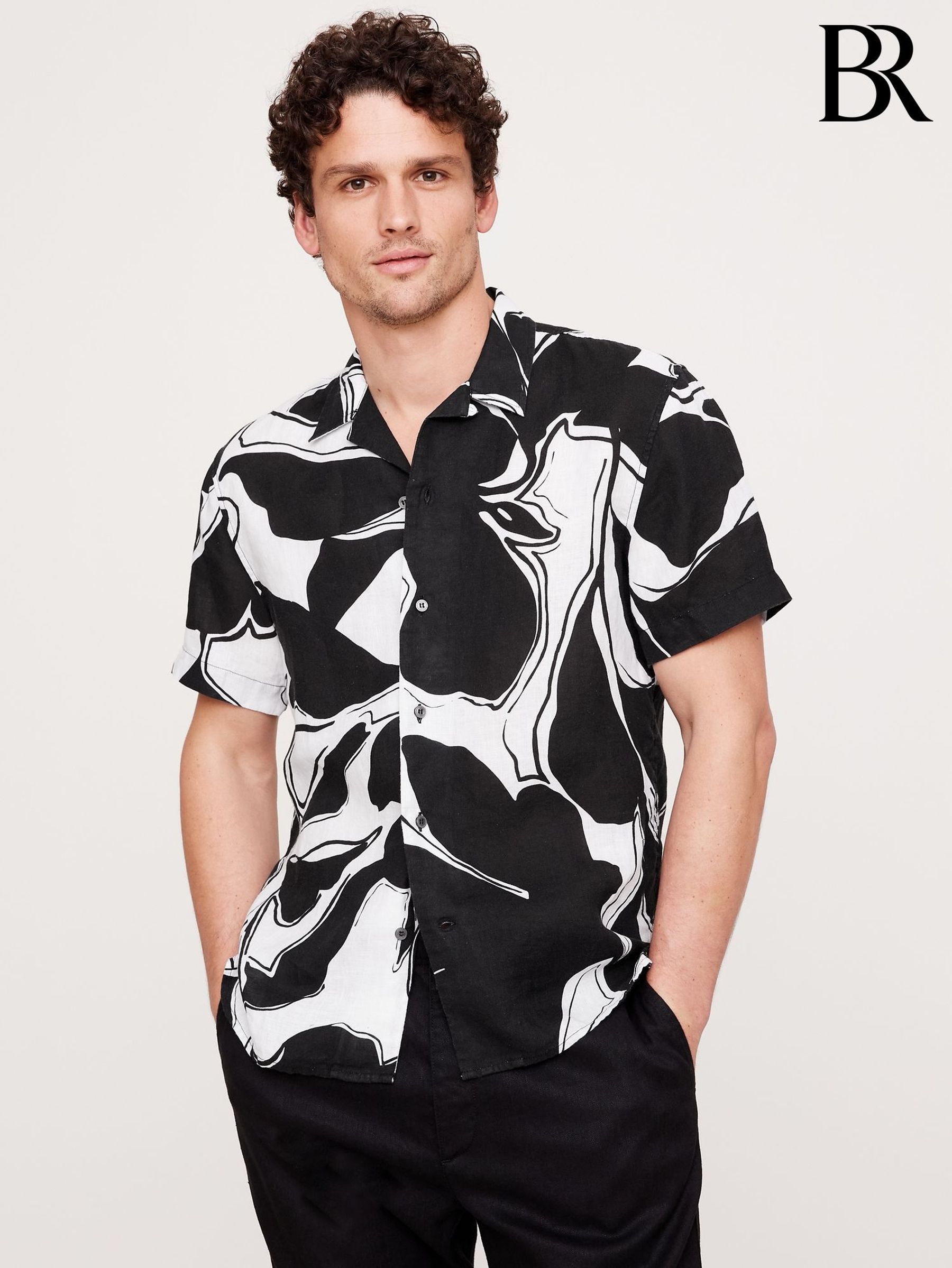 Banana Republic Black 100% Linen Regular Fit Resort Shirt (F28744) | £70